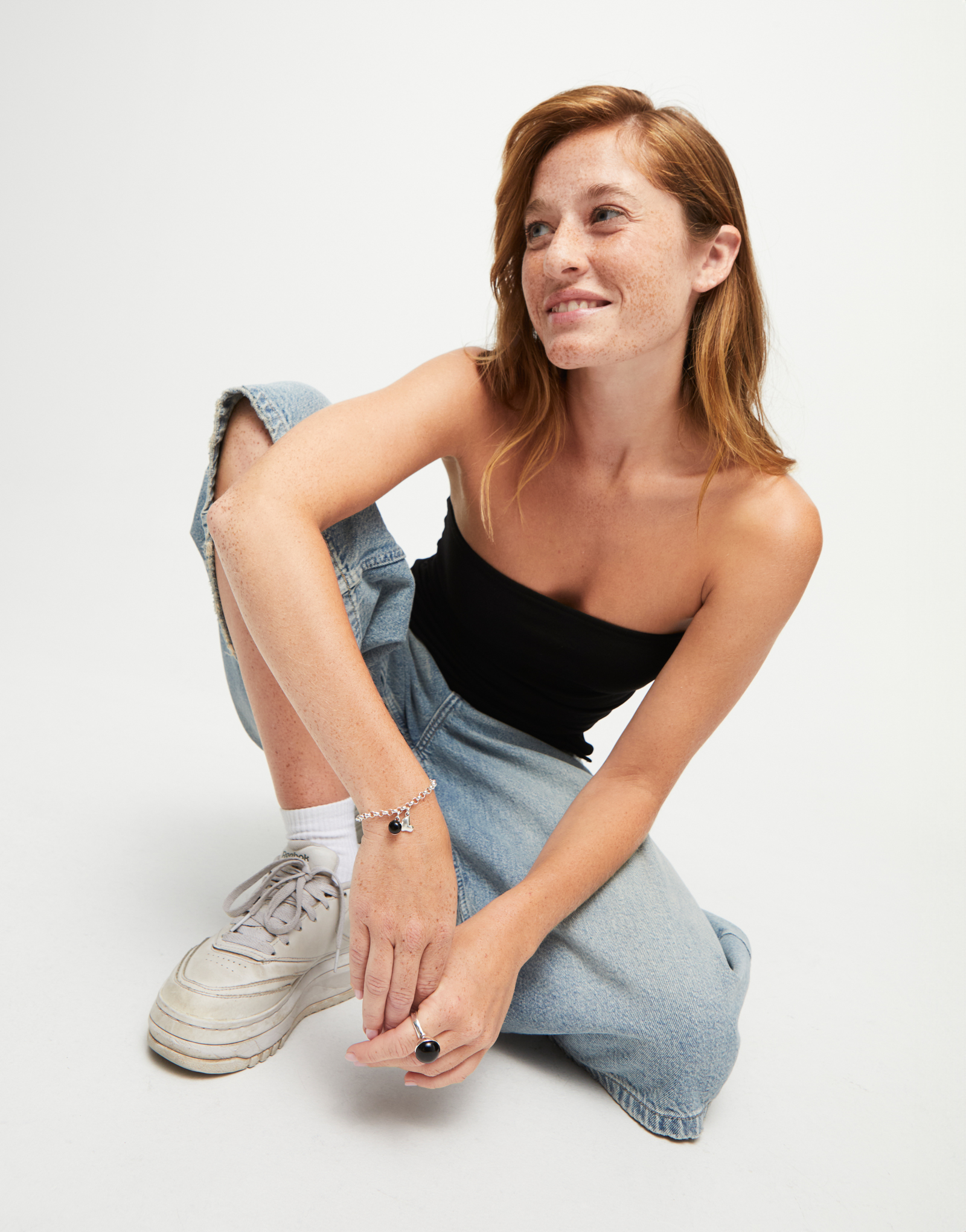 Link chain bracelet with heart charm and murano glass, Silver, large thumbnail