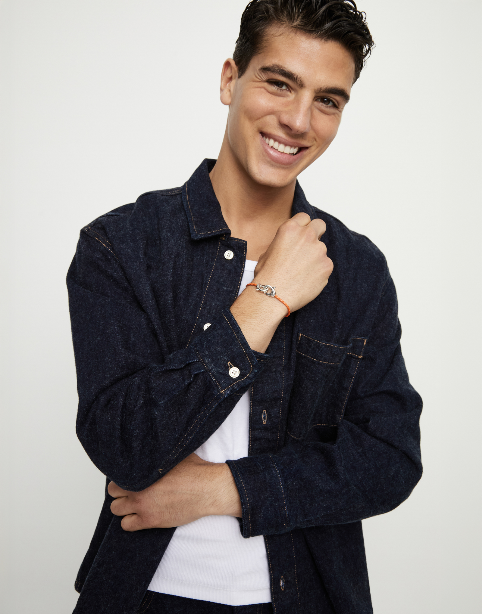 Orange leather bracelet with interlocking carabiner, Silver, large thumbnail