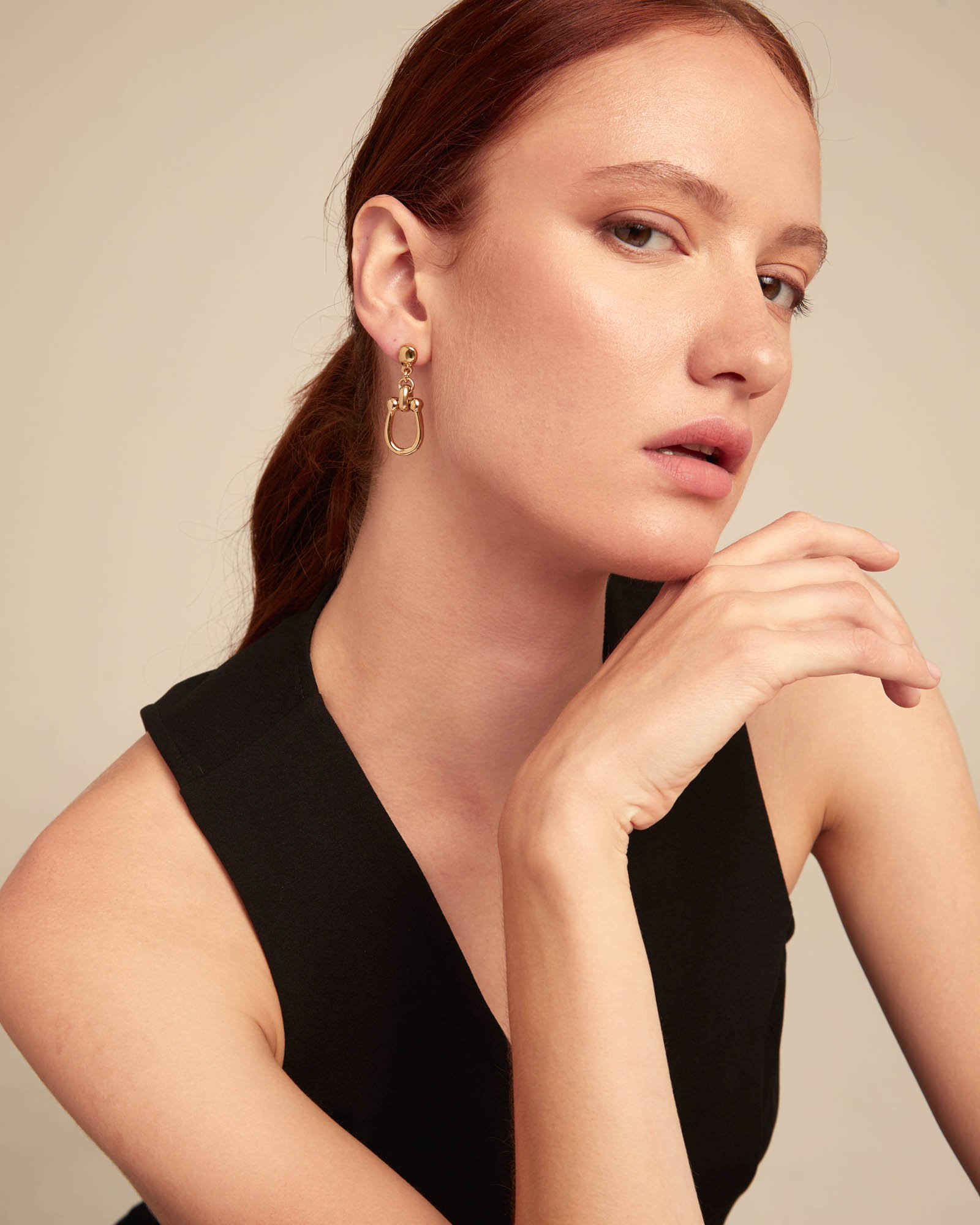 Drop earrings with medium sized link, Golden, large thumbnail