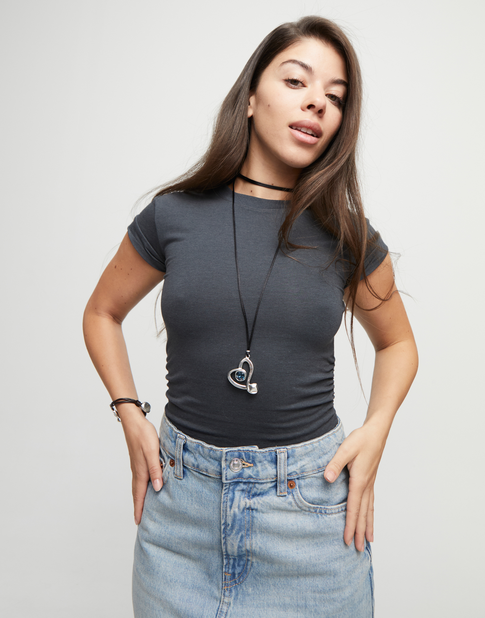 Long pendant and central heart with blue crystal, Silver, large thumbnail