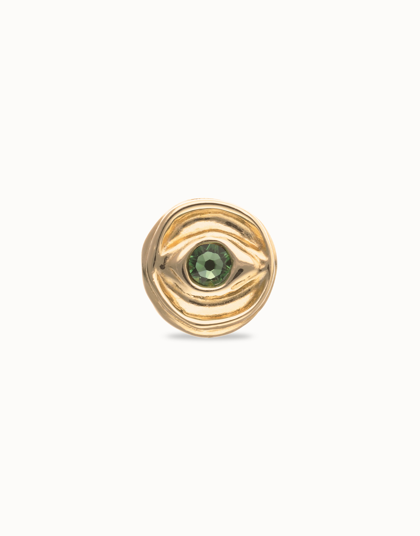 Eye-shaped signet ring with faceted green crystal, Golden, large thumbnail
