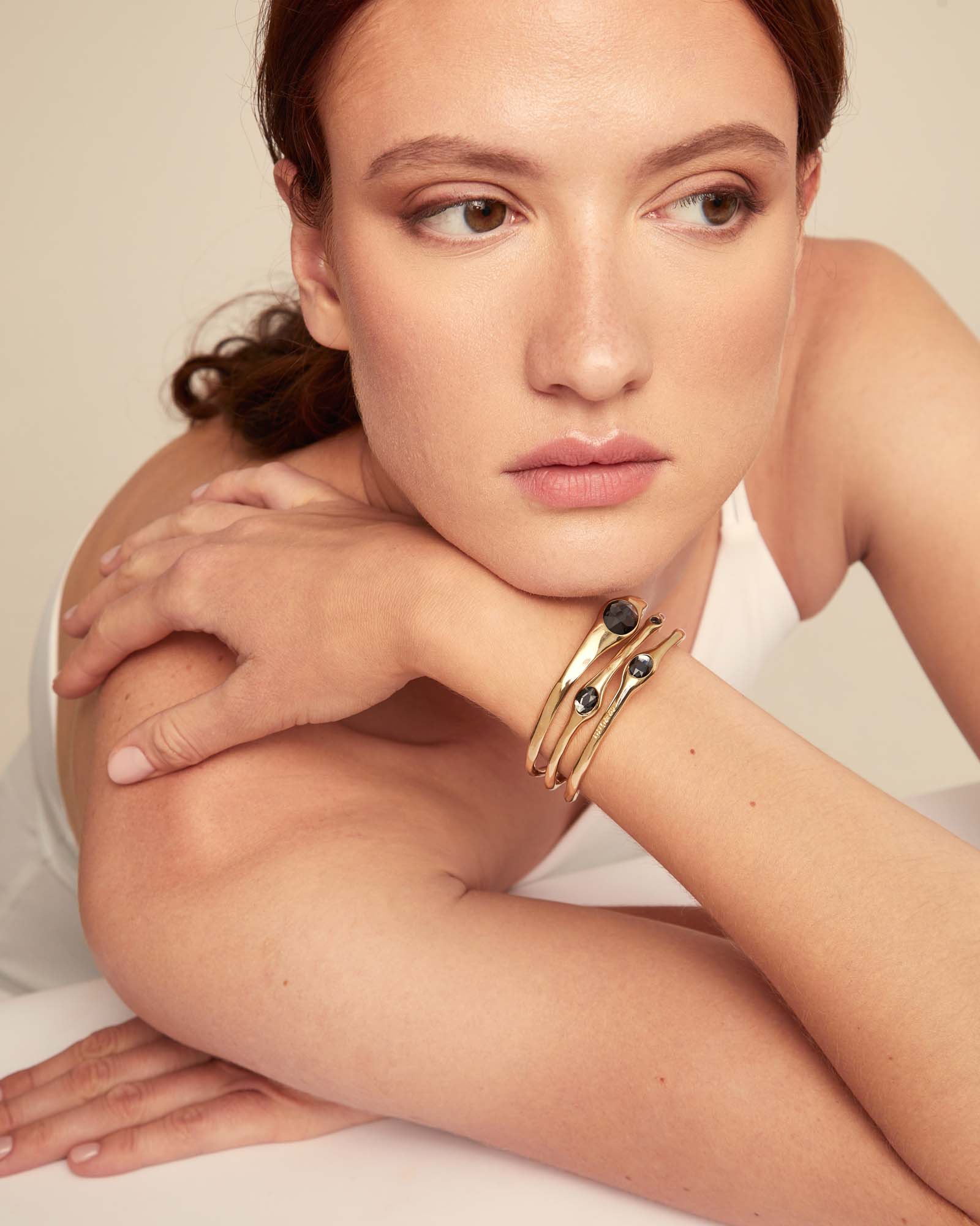 Bangle bracelet with crystals, Golden, large thumbnail