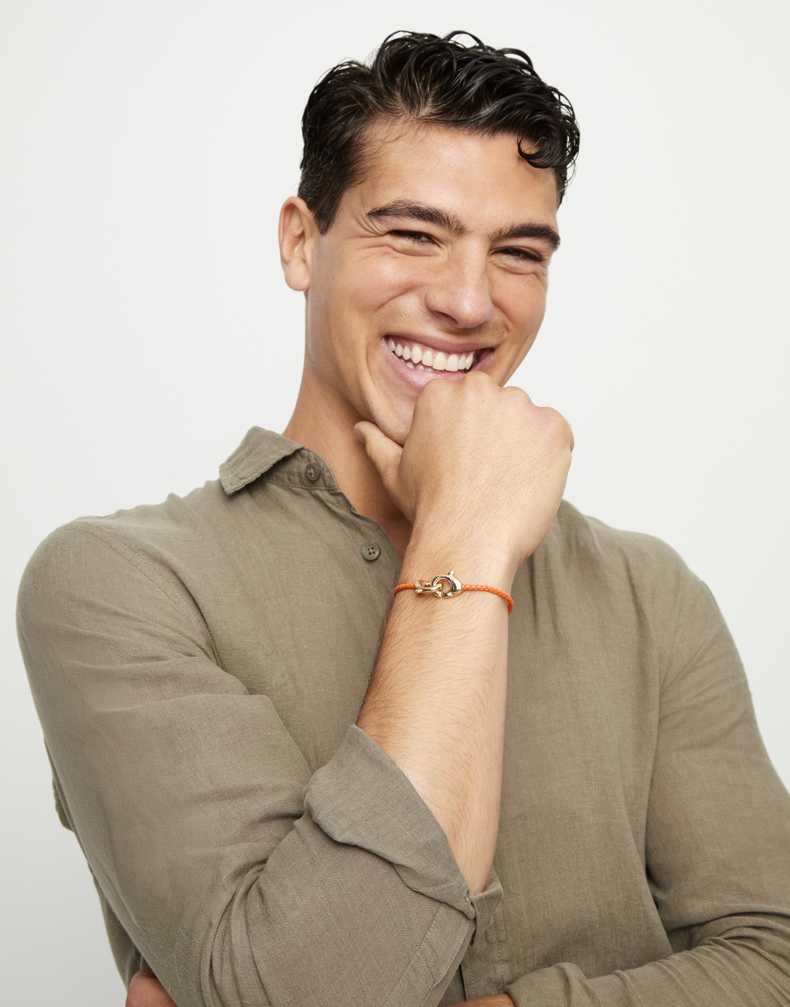 Orange leather bracelet with interlocking carabiner, Golden, large thumbnail