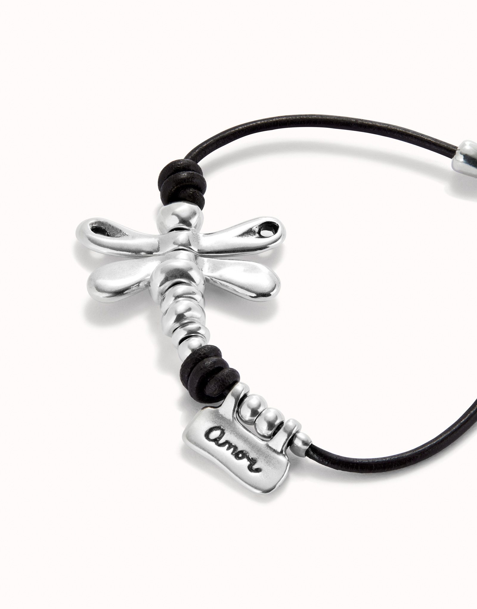 Leather bracelet with sterling silver-plated dragonfly, Silver, large thumbnail