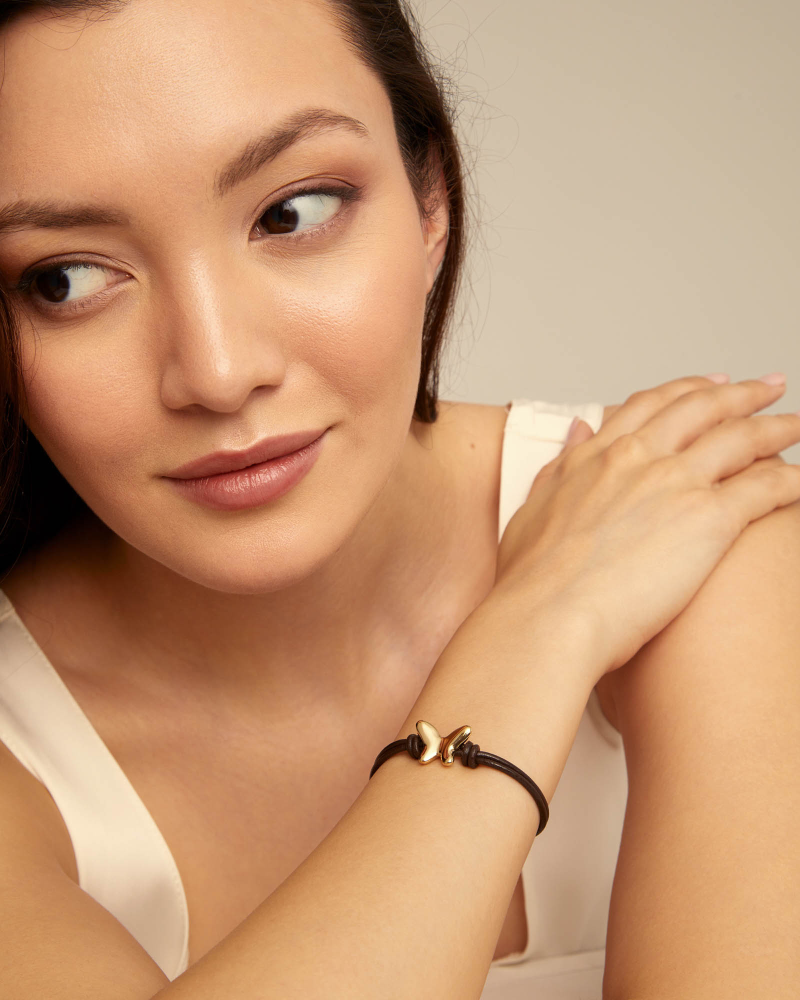 Double strand leather bracelet with a butterfly, Golden, large thumbnail