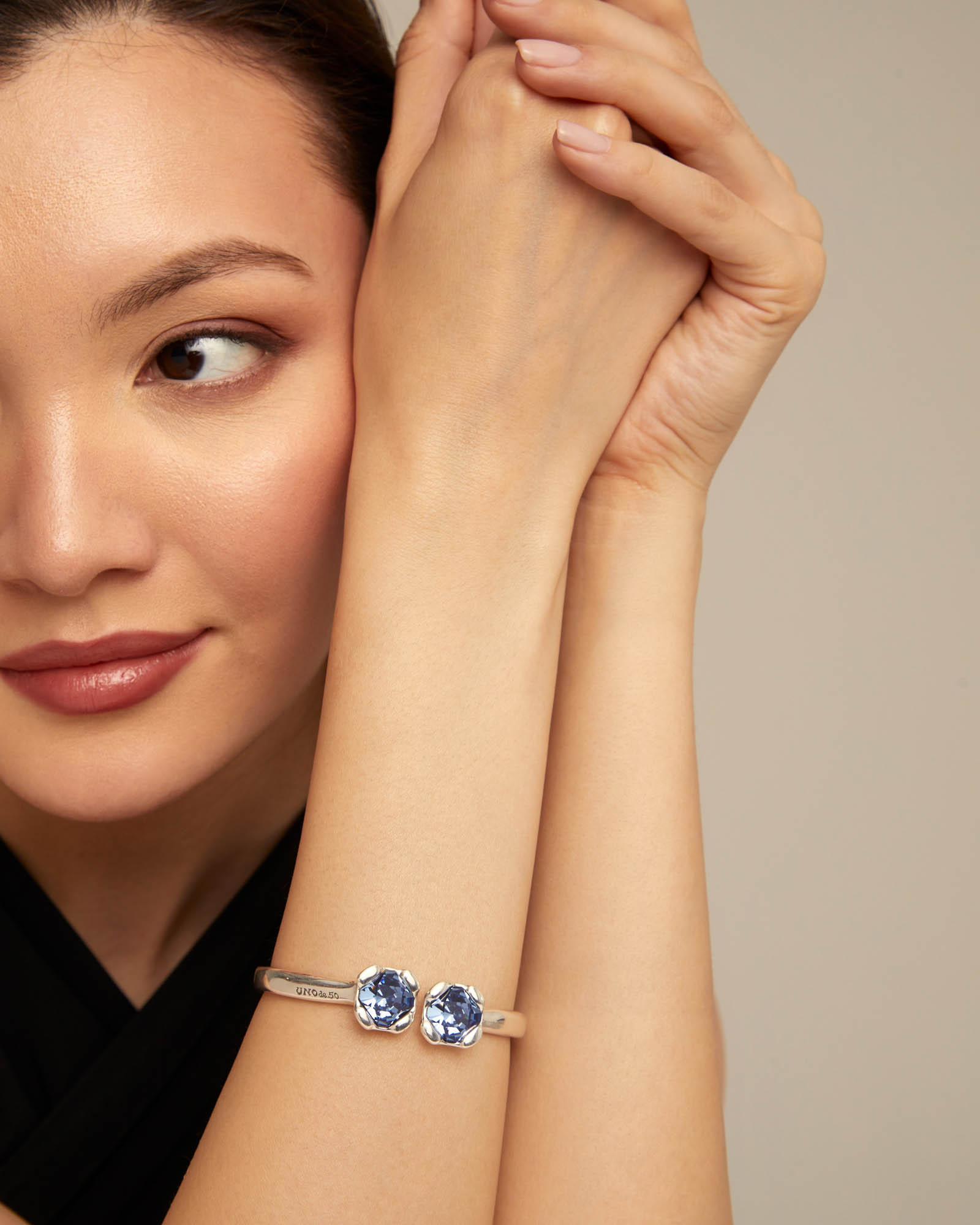 Bangle bracelet with two blue crystals, Silver, large thumbnail