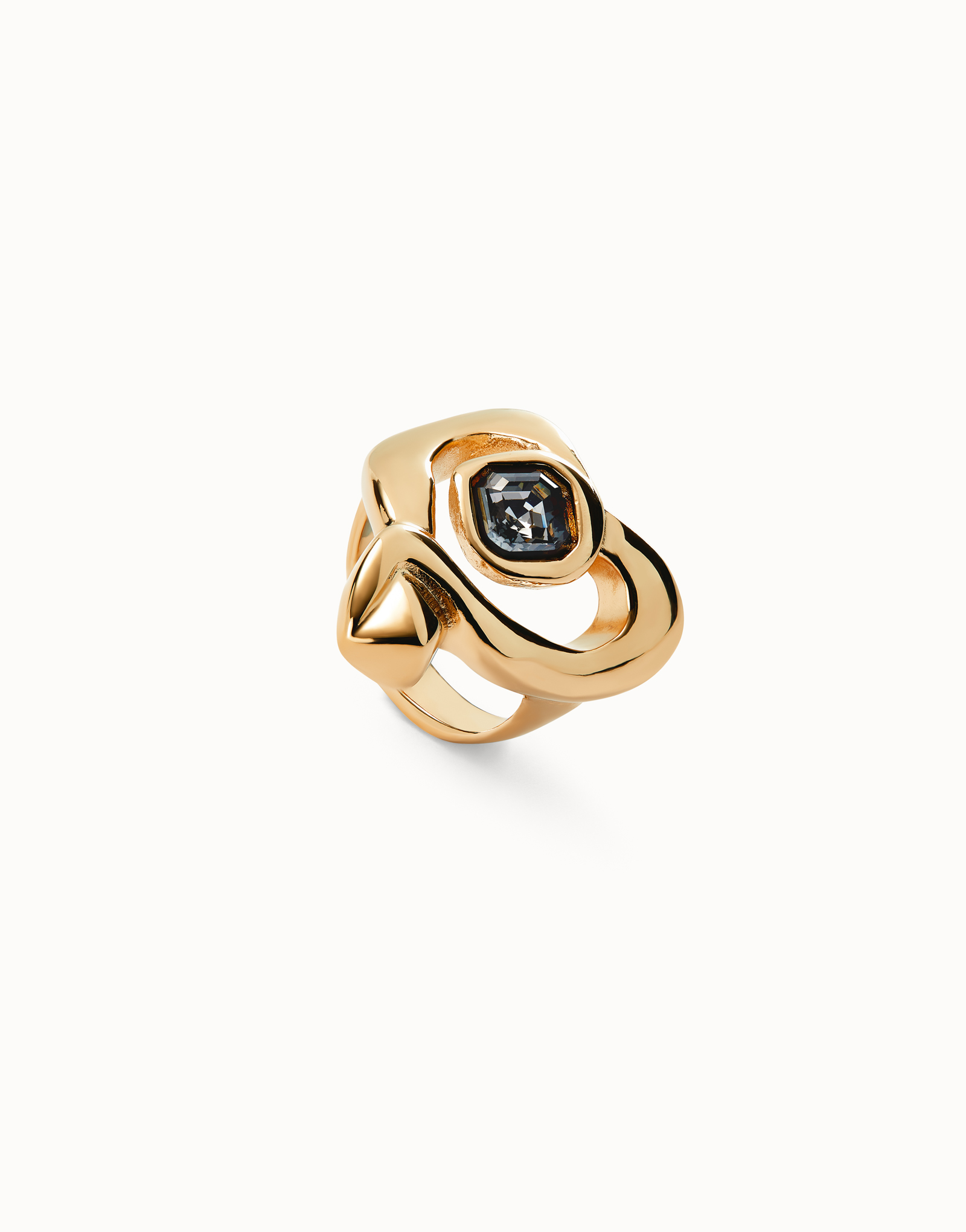 Ring with heart and central black crystal, Golden, large thumbnail