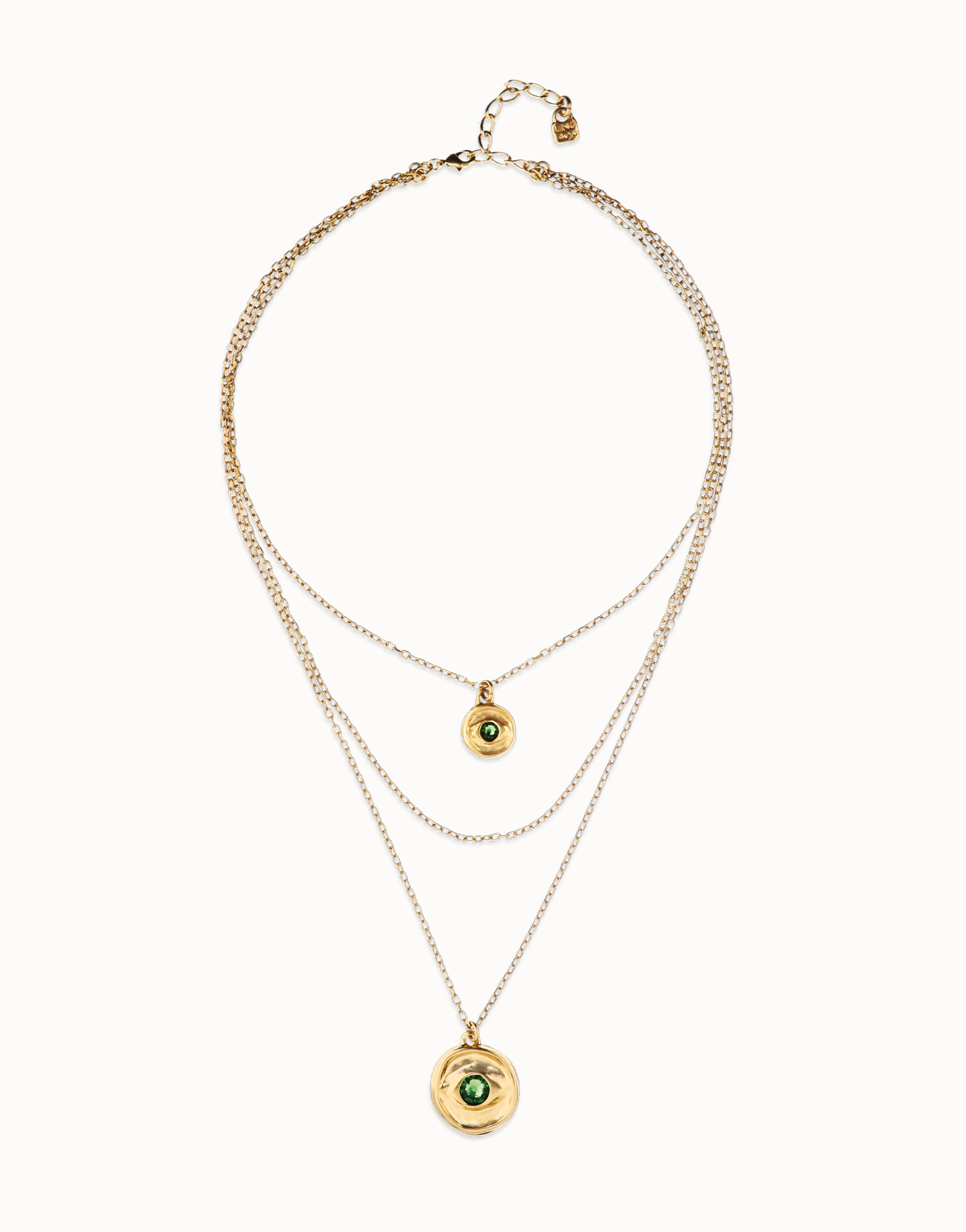 Collar triple bañado en oro 18k con charms de ojo y cristal facetado verde, Dorado, large thumbnail
