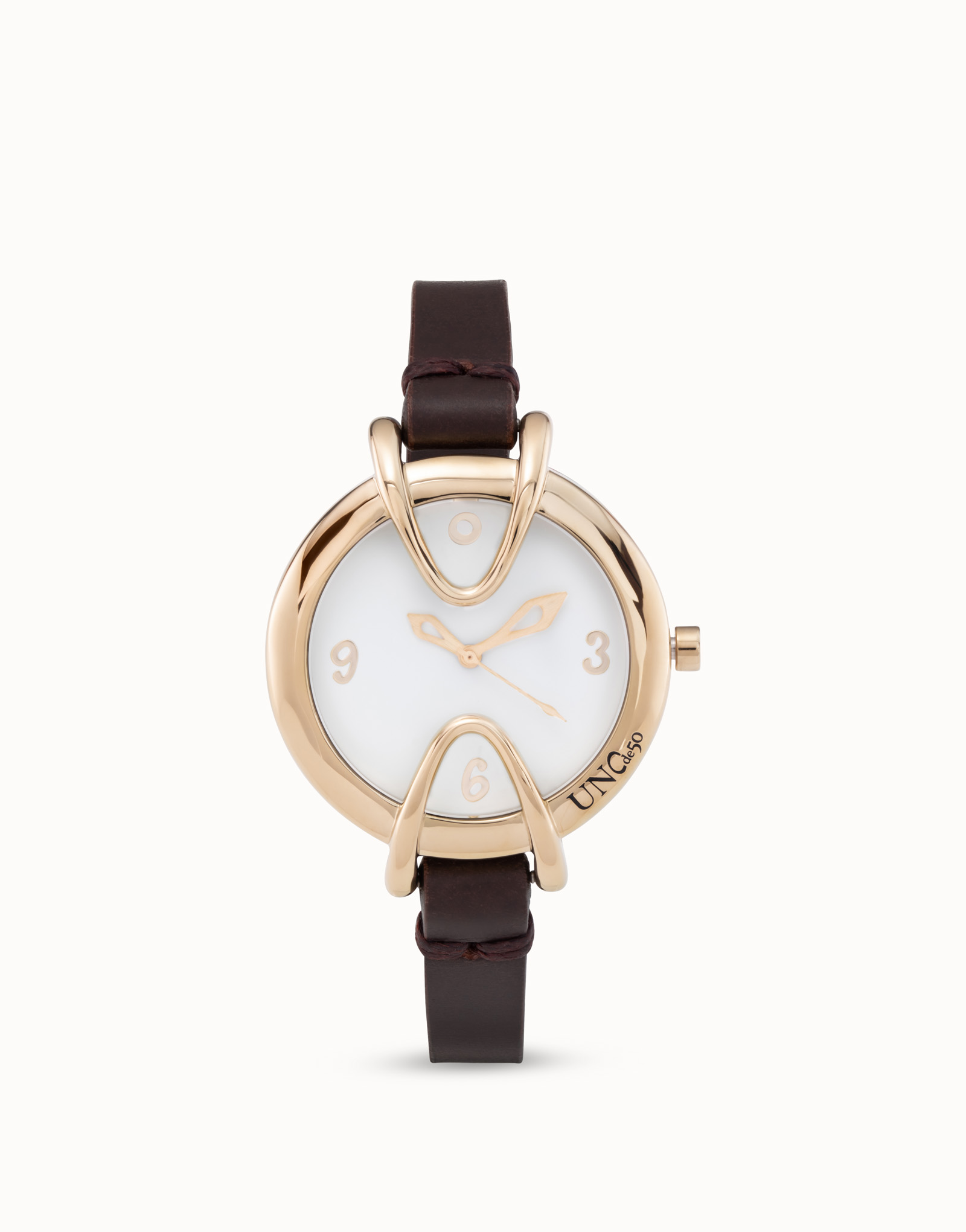 18K gold-plated watch with black leather strap and round white dial, Golden, large thumbnail