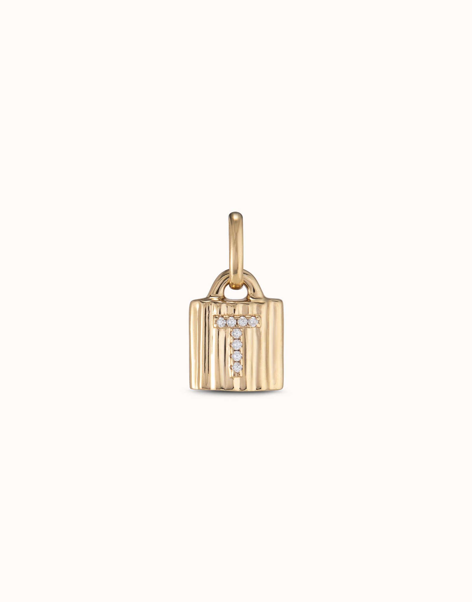 18K gold-plated padlock charm with topaz letter T, Golden, large thumbnail