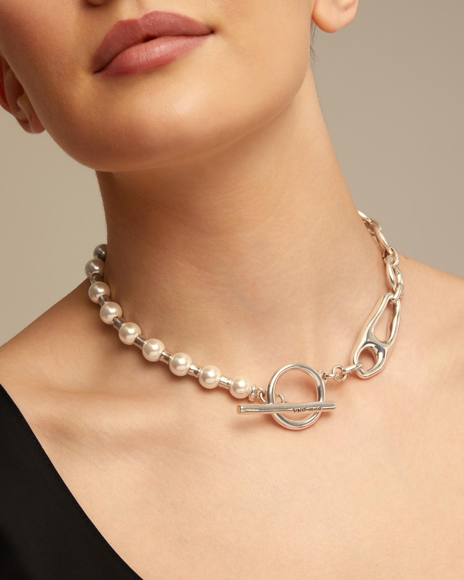 Short link chain necklace with pearls, Silver, large thumbnail