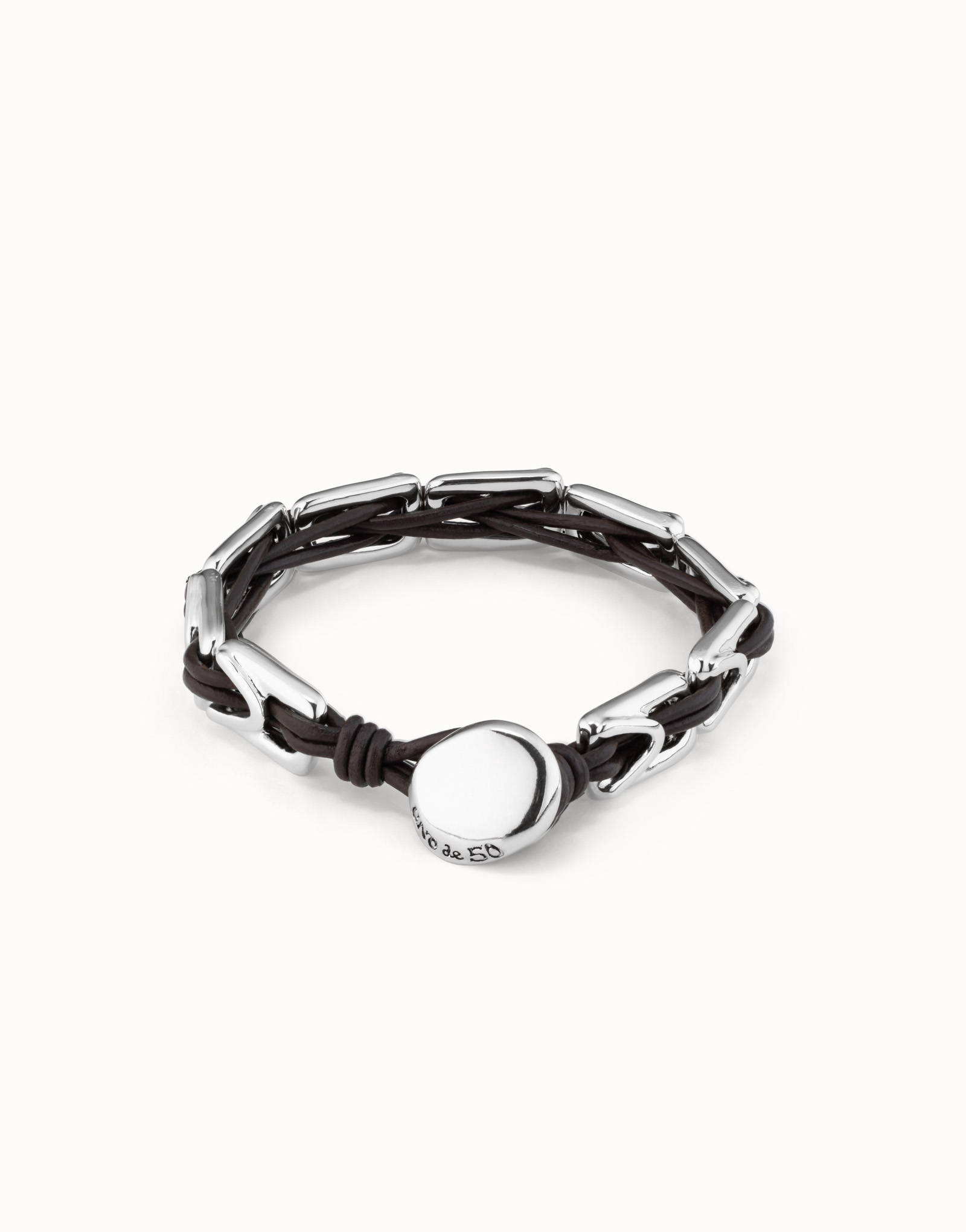 Leather bracelet with rectangular links, Silver, large thumbnail