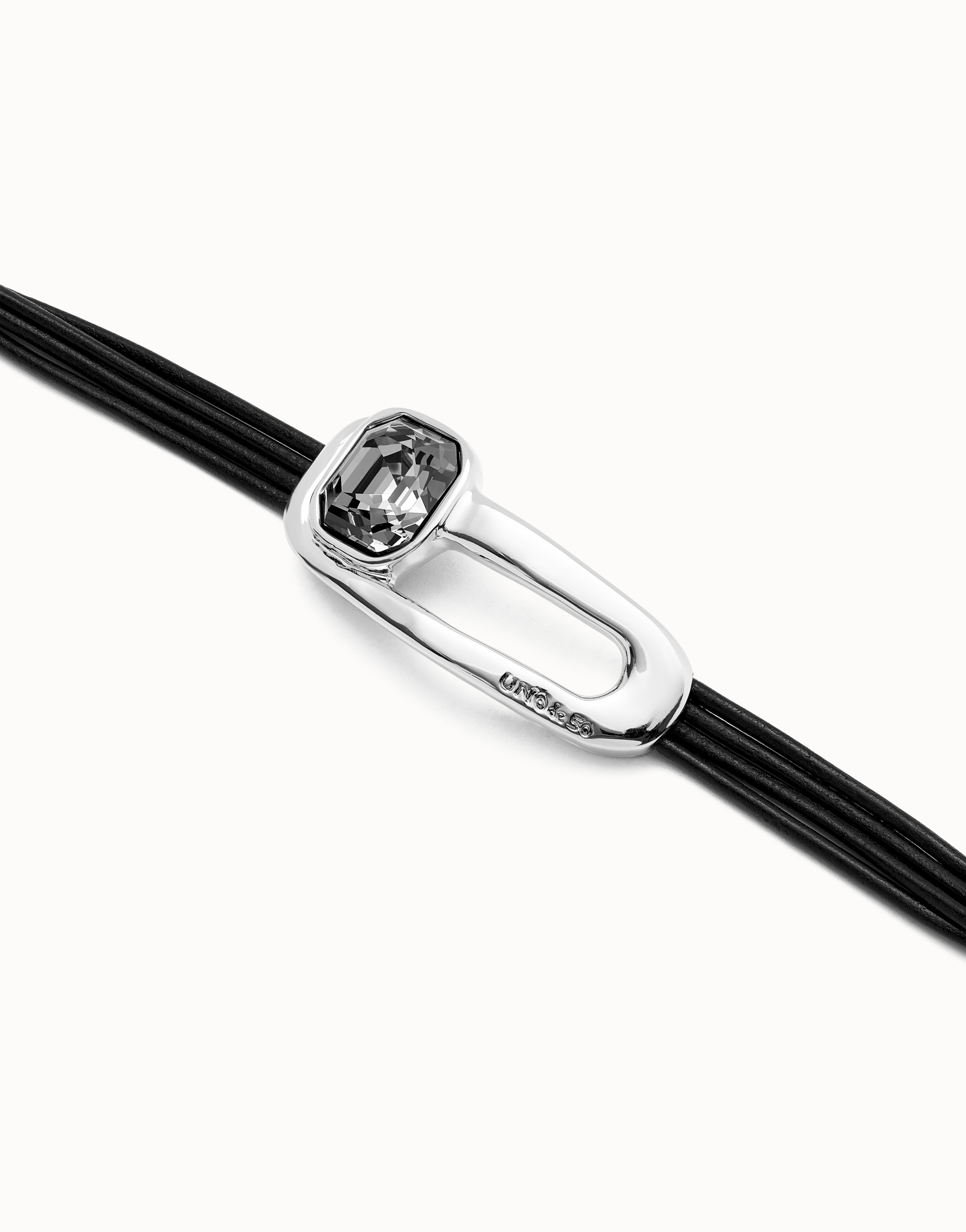 Leather bracelet with a black crystal, Silver, large thumbnail