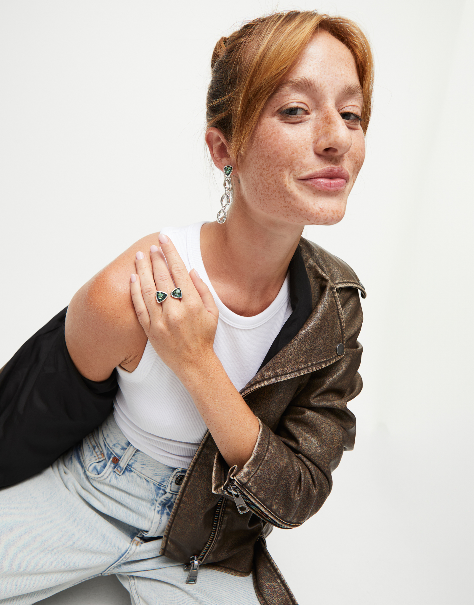 Triangular ring with two green crystals, Silver, large thumbnail