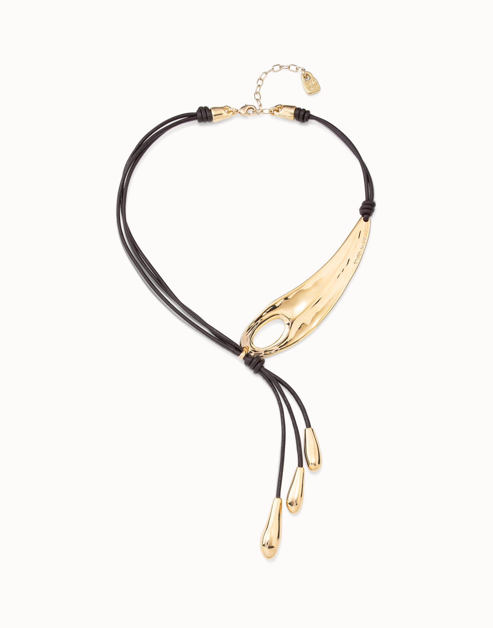 Leather necklace with fringes with drops, Golden, large thumbnail