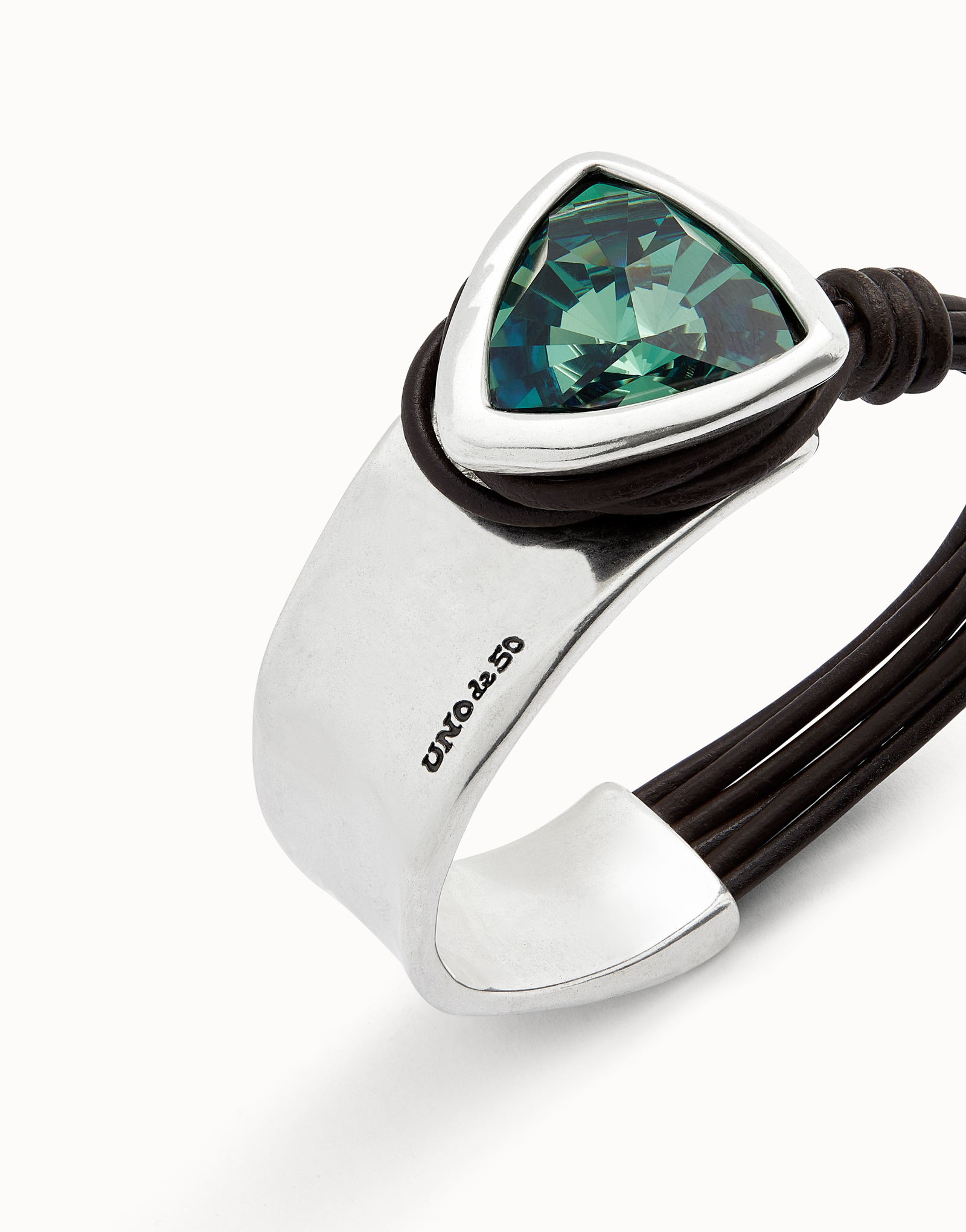 Bangle bracelet with leather and green crystal, Silver, large thumbnail