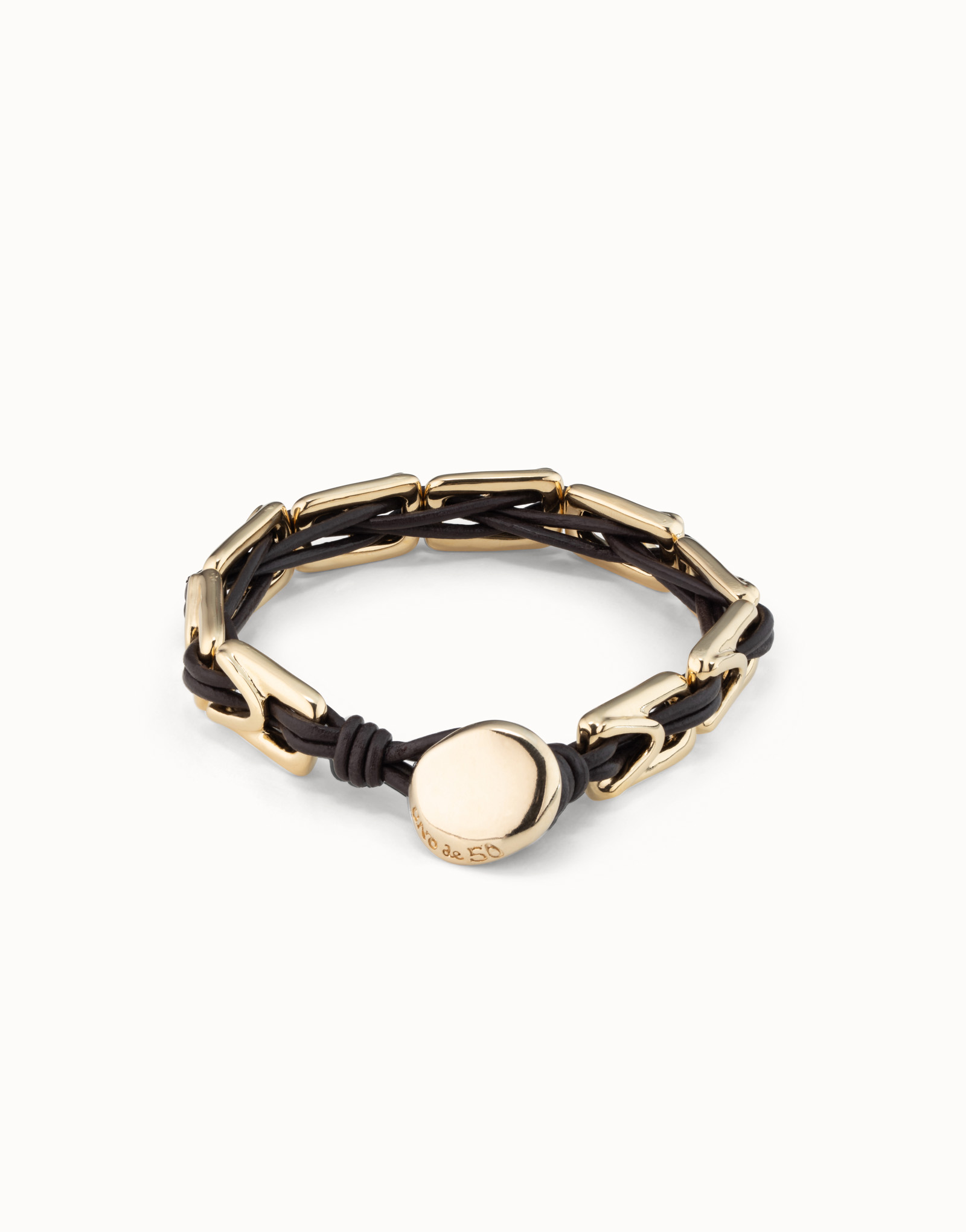 Leather bracelet with rectangular links, Golden, large thumbnail