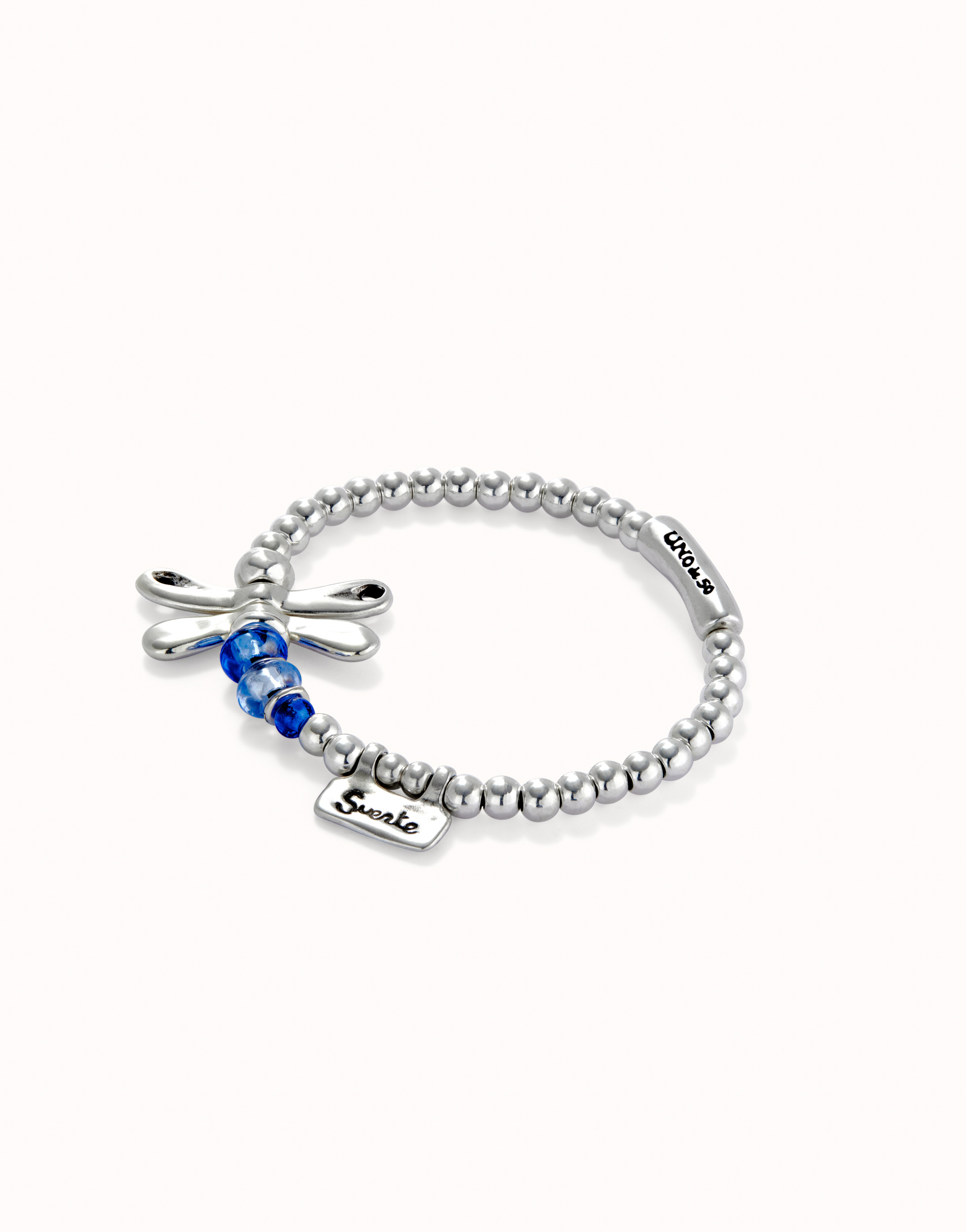 Elastic bracelet with sterling silver plated dragonfly with blue crystals, Silver, large thumbnail