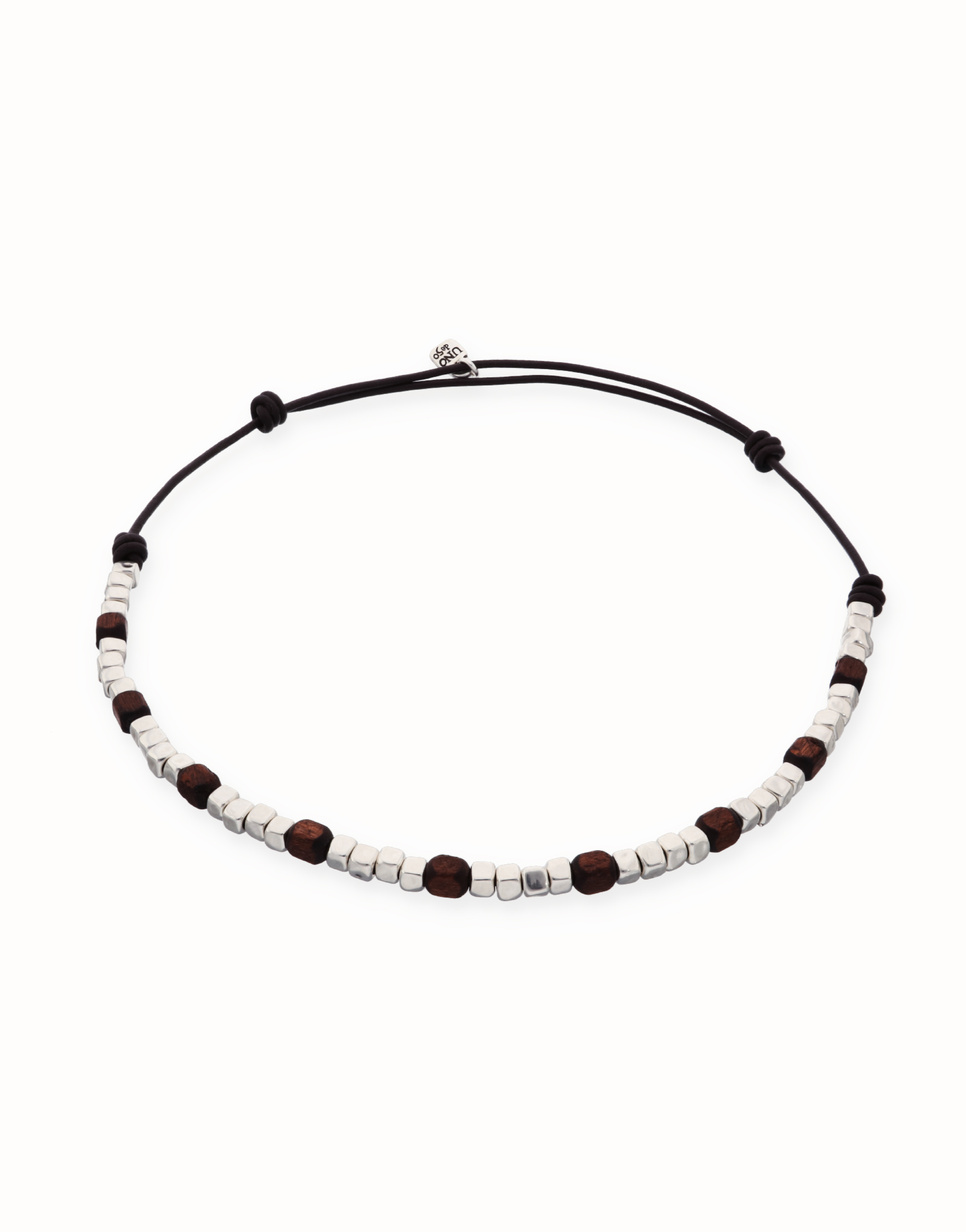 Leather necklace with silver and wooden beads, Silver, large thumbnail