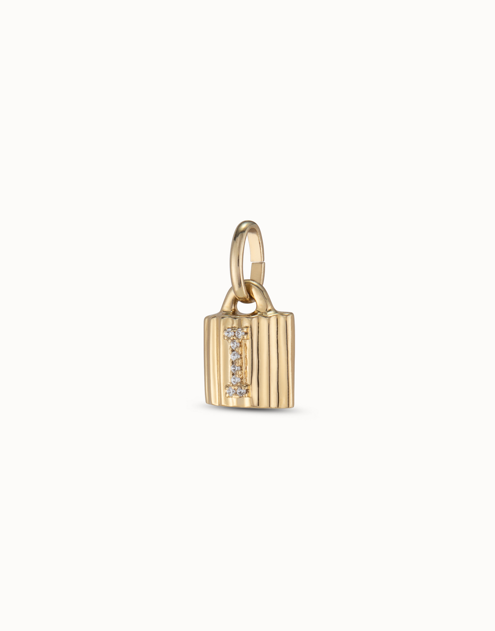 18K gold-plated padlock charm with topaz letter I, Golden, large thumbnail