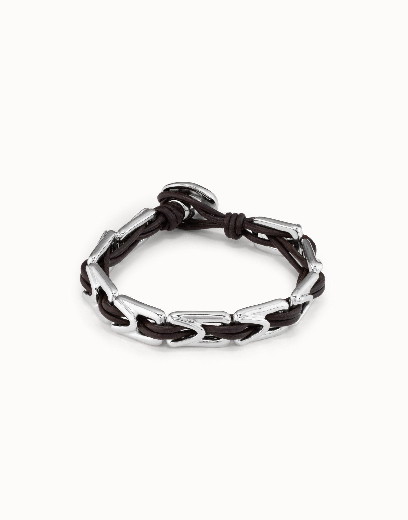 Leather bracelet with rectangular links, Silver, large thumbnail