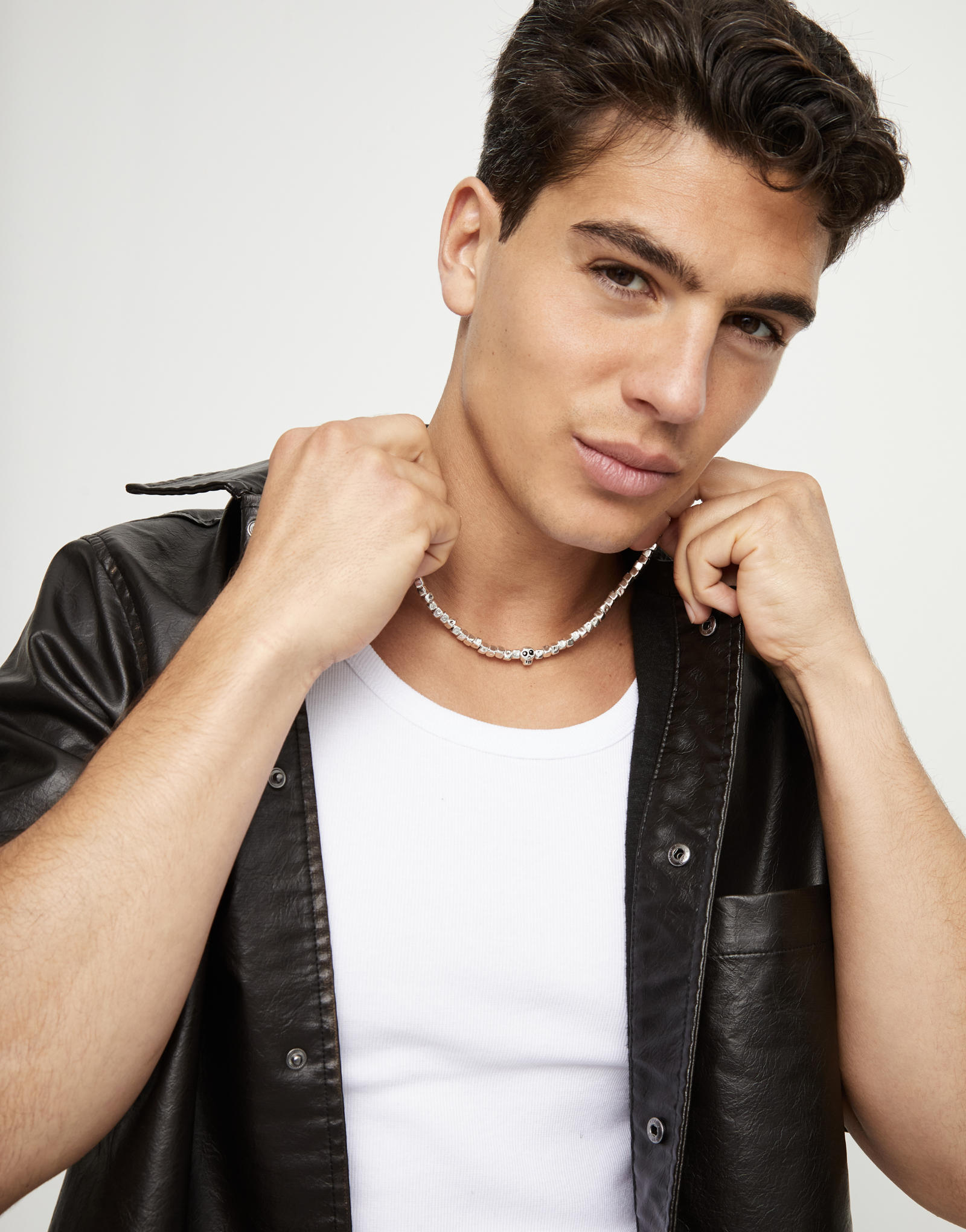 Leather necklace with beads and skull detail, Silver, large thumbnail