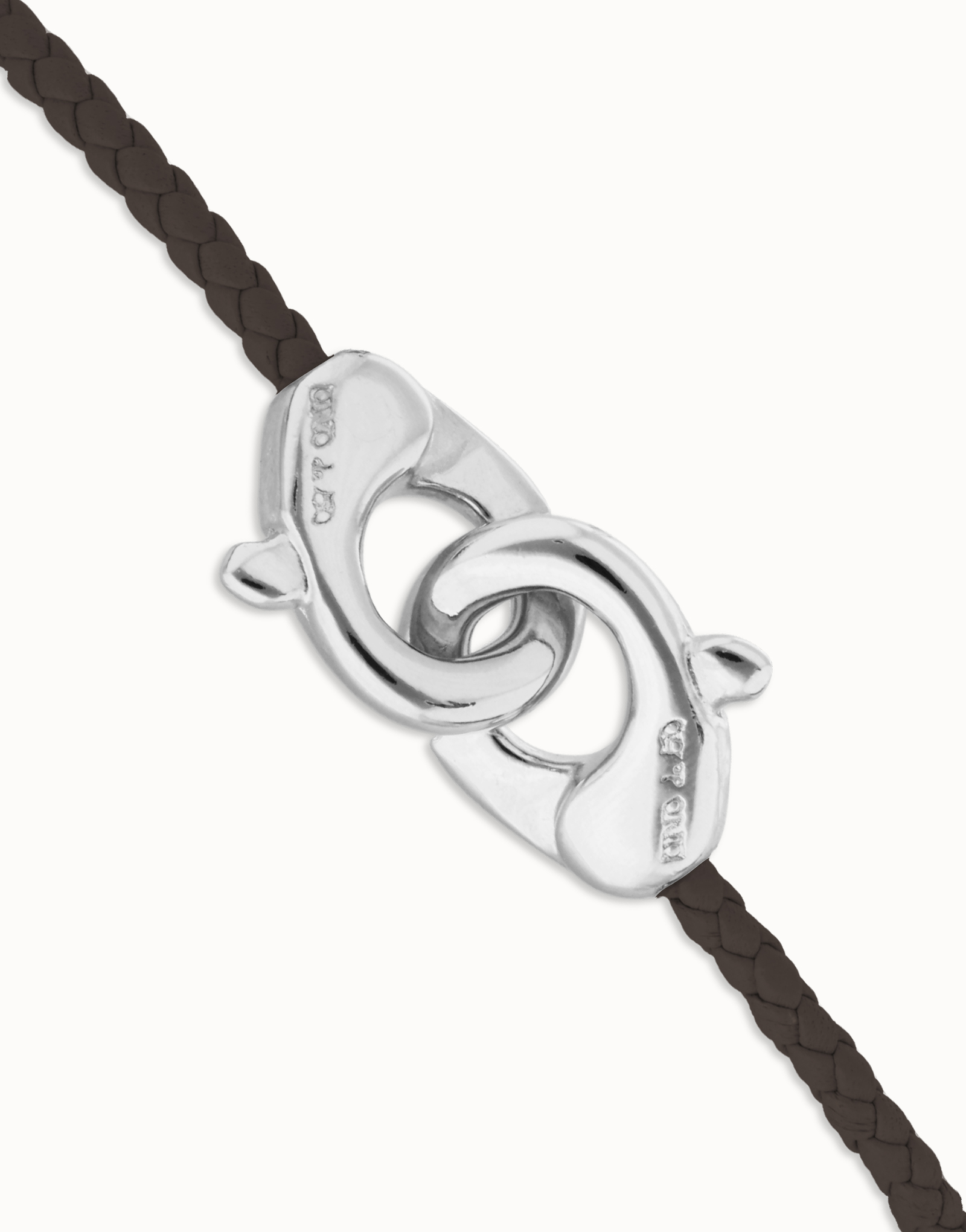 Brown leather bracelet with interlocking carabiner, Silver, large thumbnail