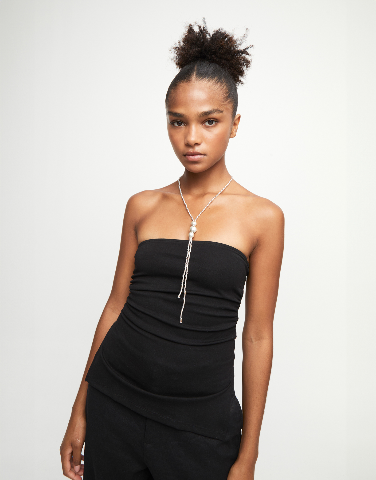 Long bead necklaces with three large central beads, Silver, large thumbnail