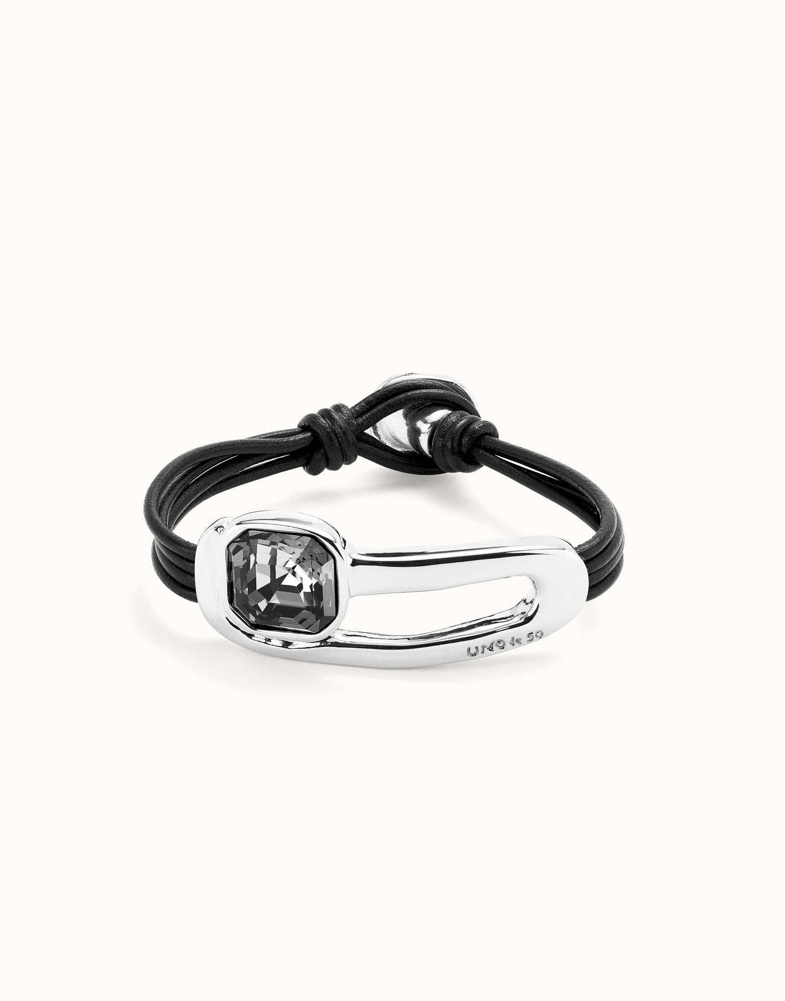 Leather bracelet with a black crystal, Silver, large thumbnail