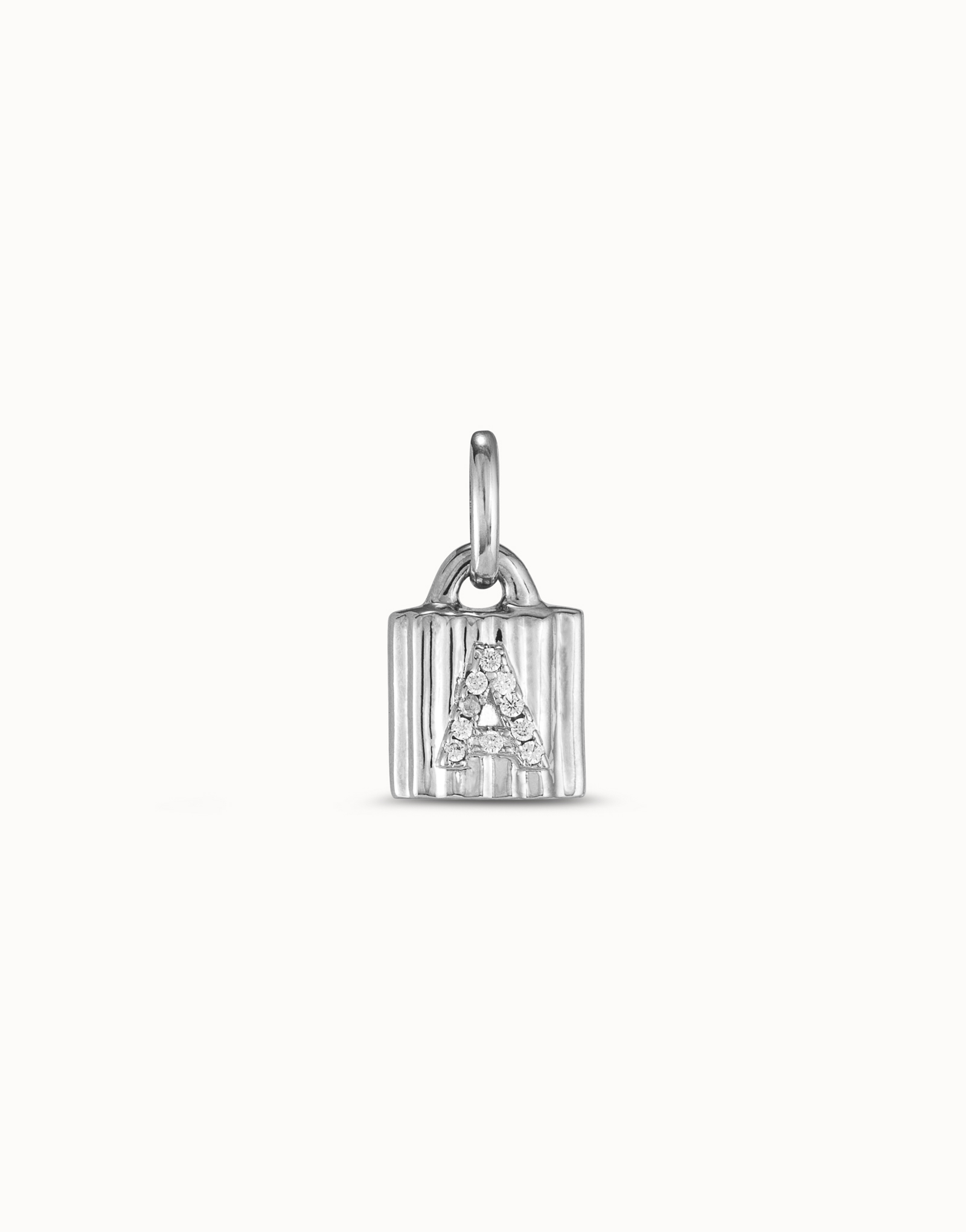 Sterling silver-plated padlock charm with topaz letter A, Silver, large thumbnail