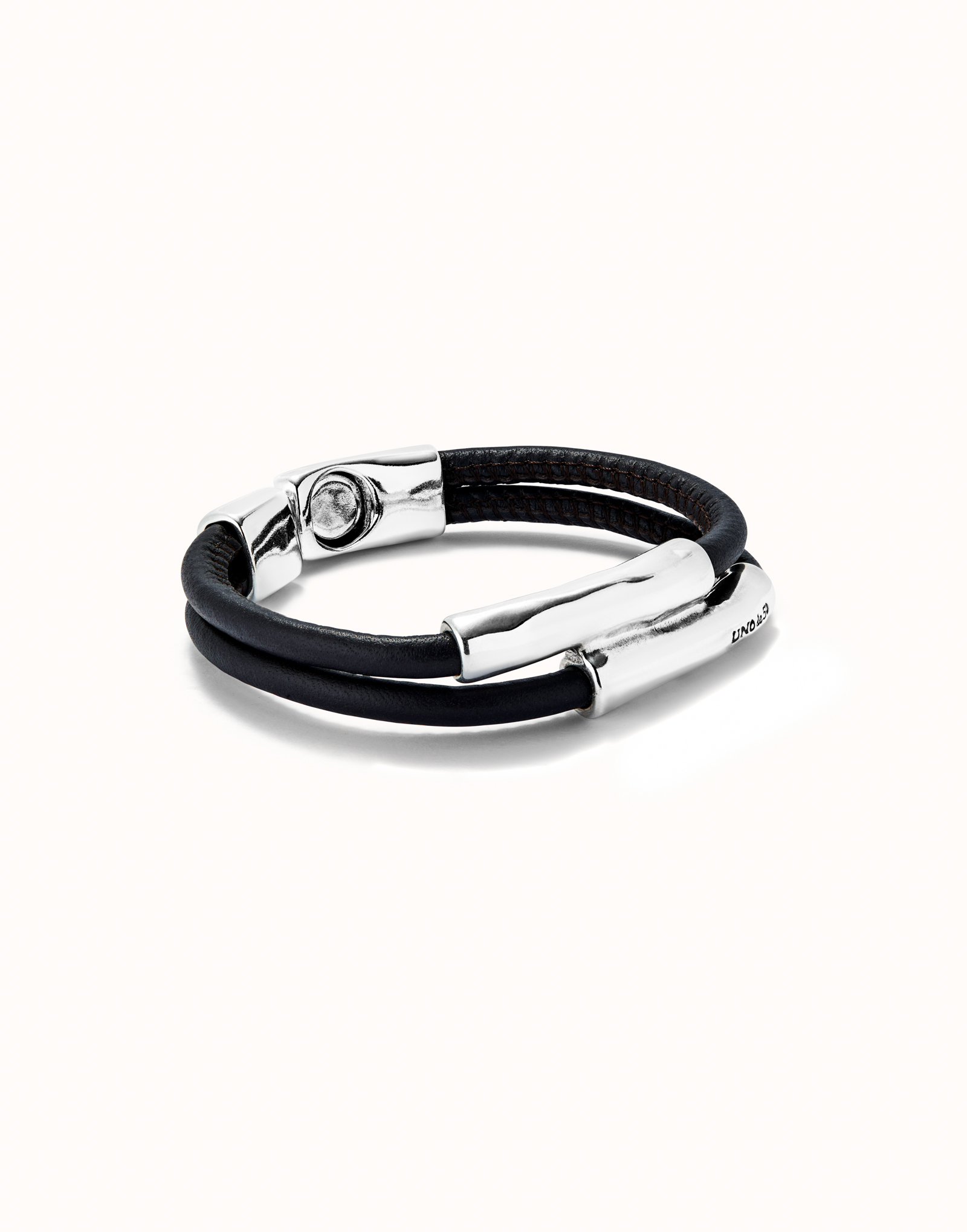 Bracciale doppio cuoio marrone con due tubi placcata argento sterling, Argent, large thumbnail