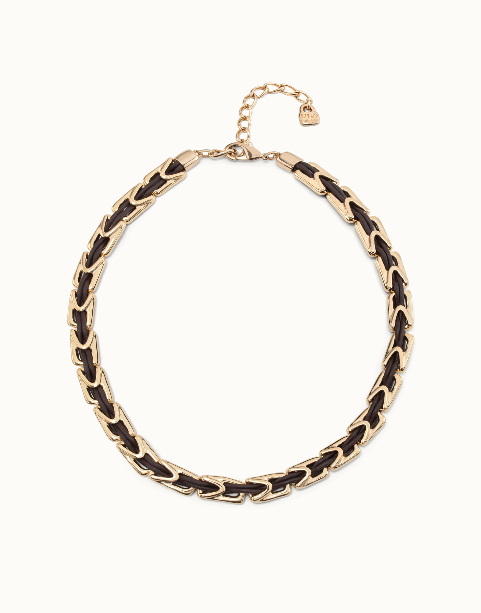 Short leather necklace with links, Golden, large thumbnail