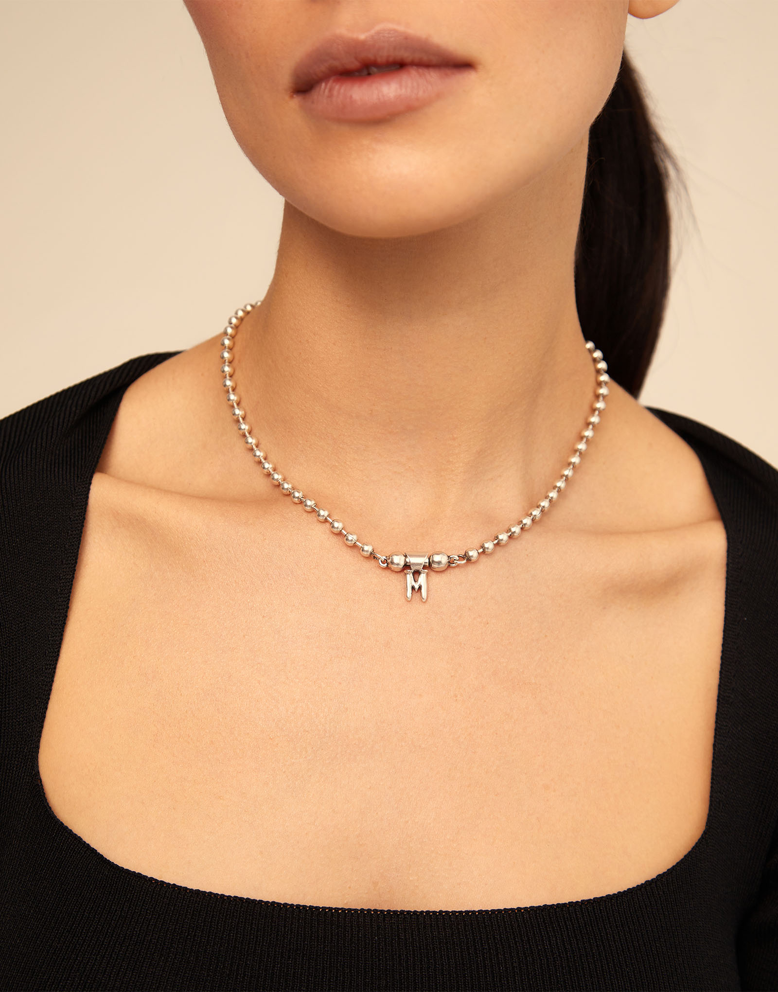 Short beaded chain charm necklace, Silver, large thumbnail