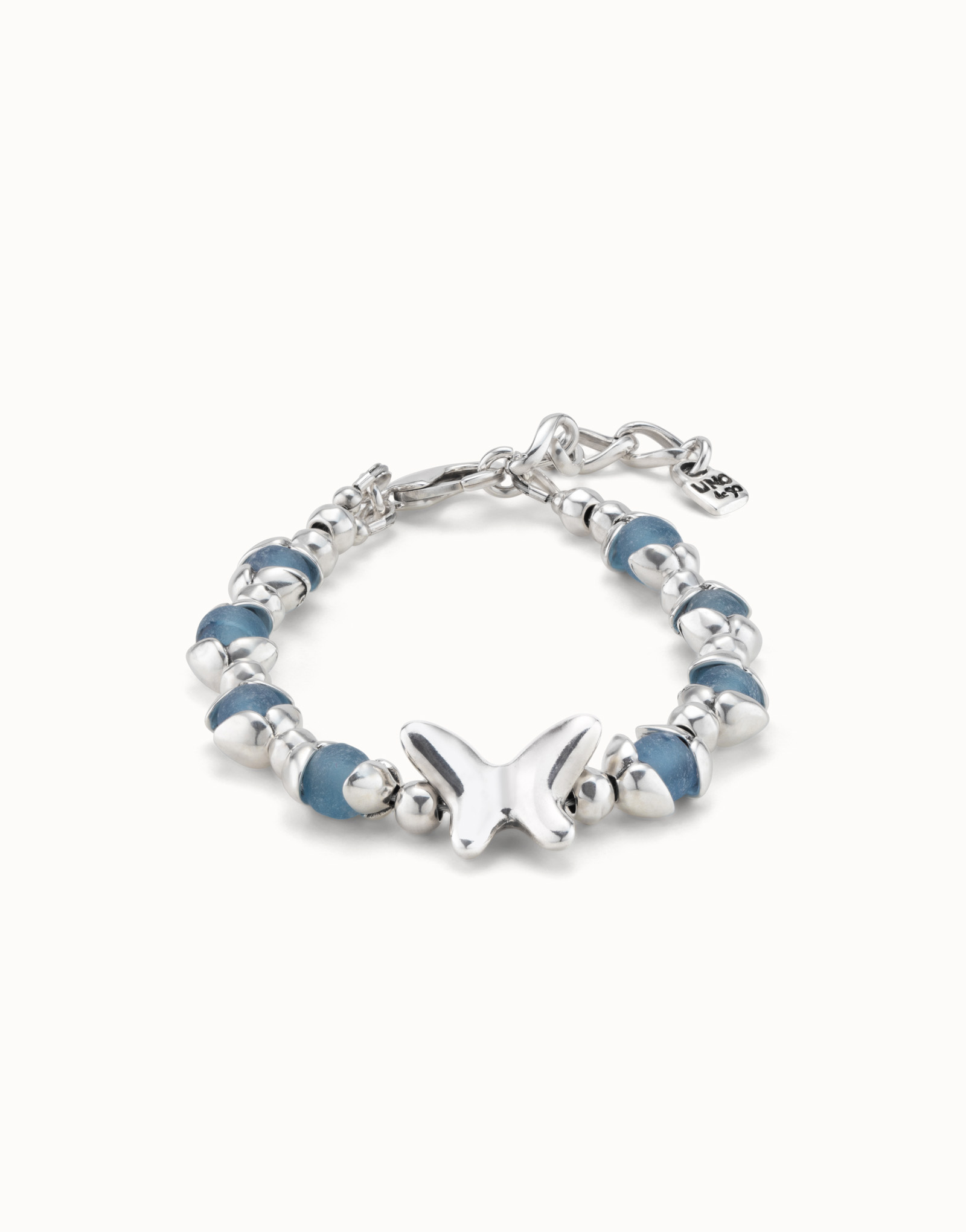 Beaded bracelet with blue crystals and a central butterfly, , large thumbnail