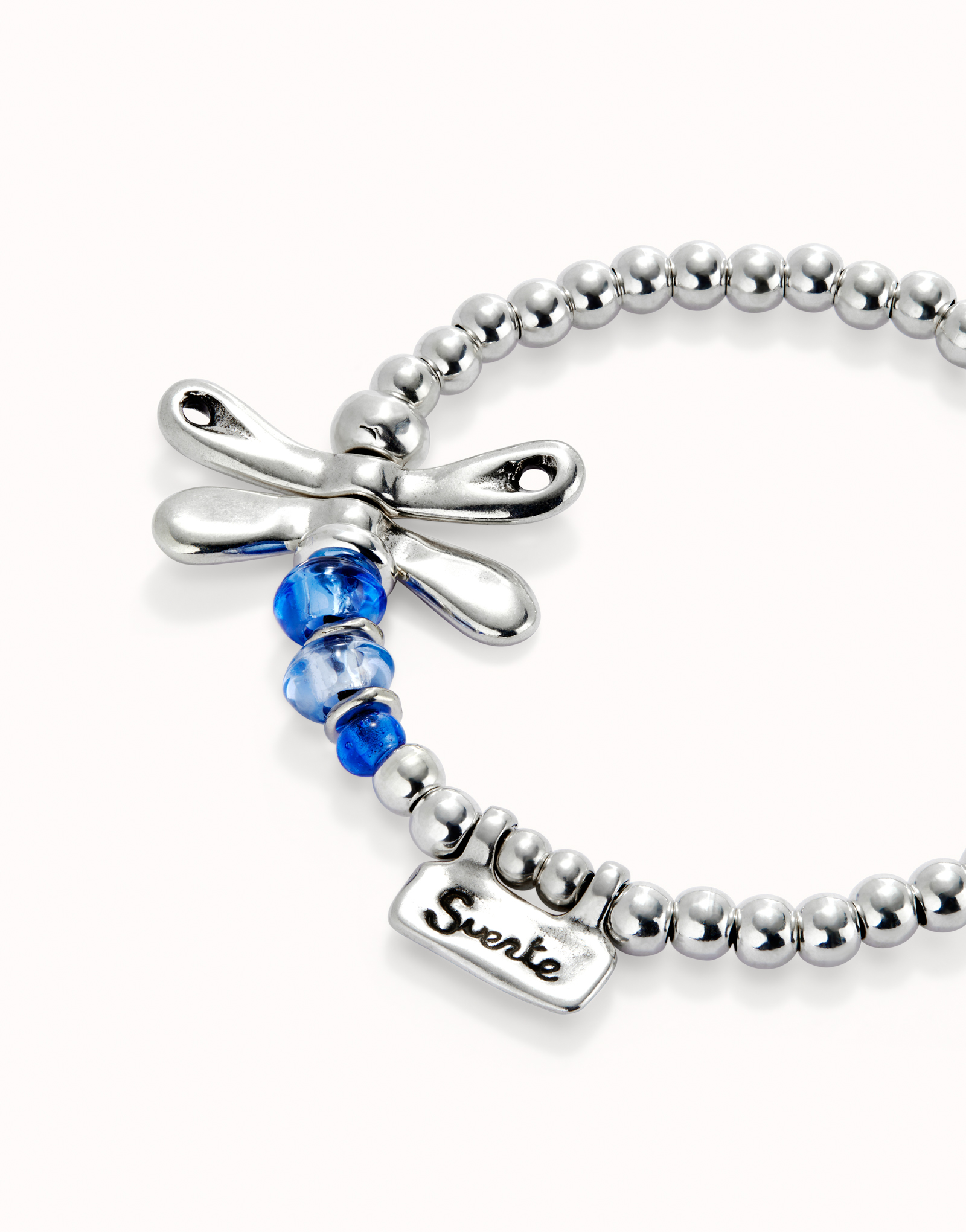 Elastic bracelet with sterling silver plated dragonfly with blue crystals, Silver, large thumbnail