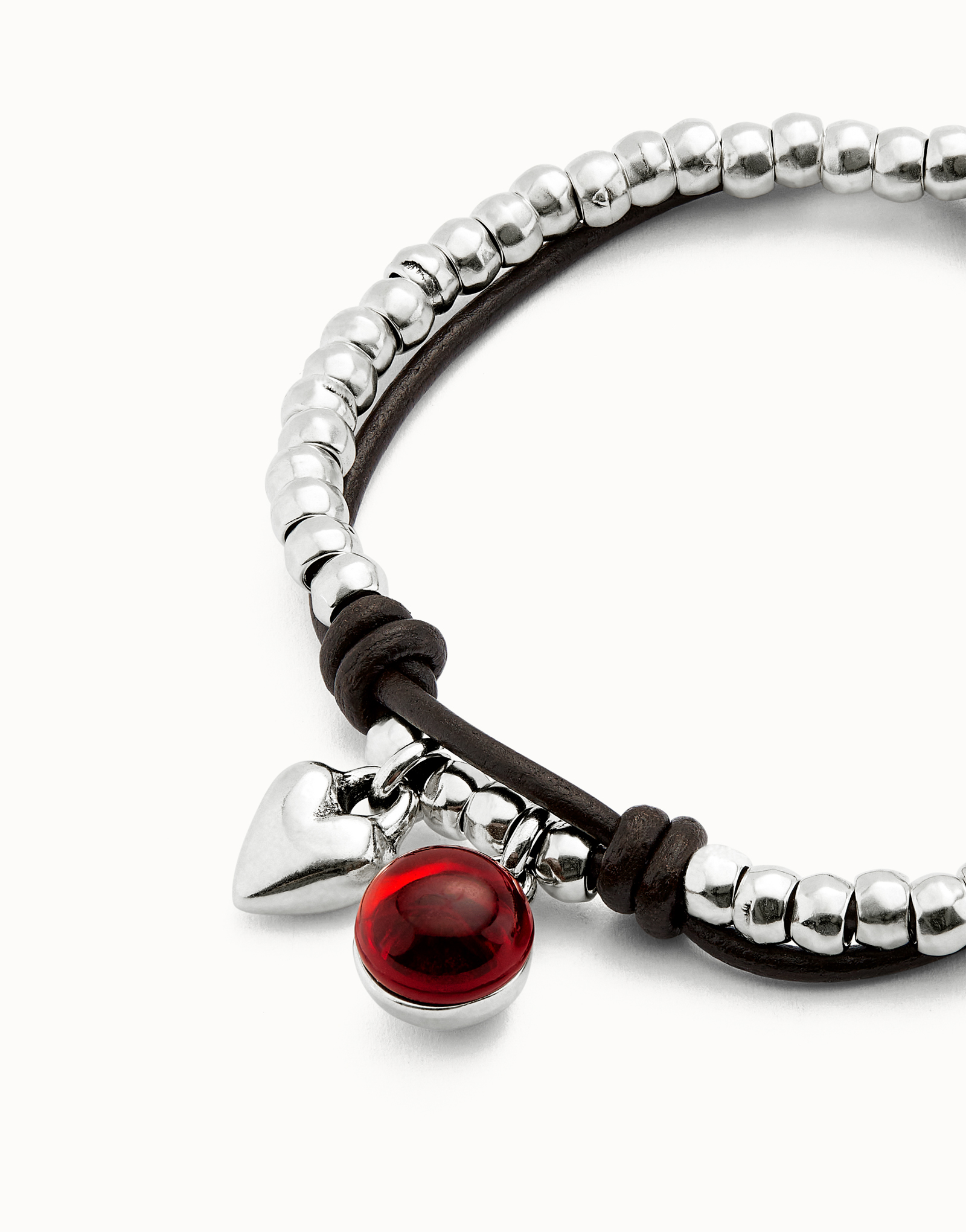 Bracciale a sfere placcate argento Sterling con cuore e cristallo di Murano rosso, Argent, large thumbnail
