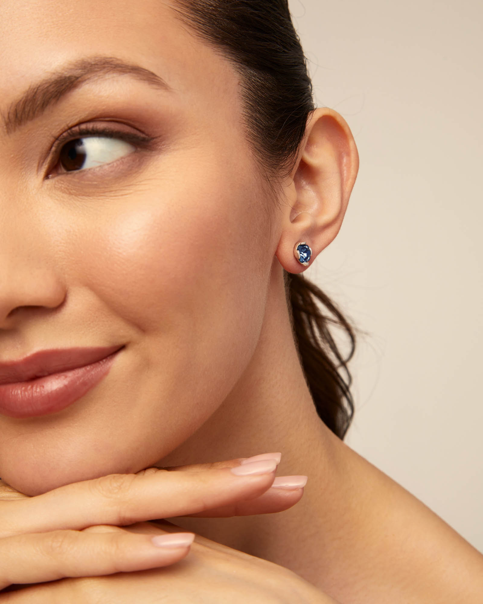 Stud earrings with blue crystal, Silver, large thumbnail