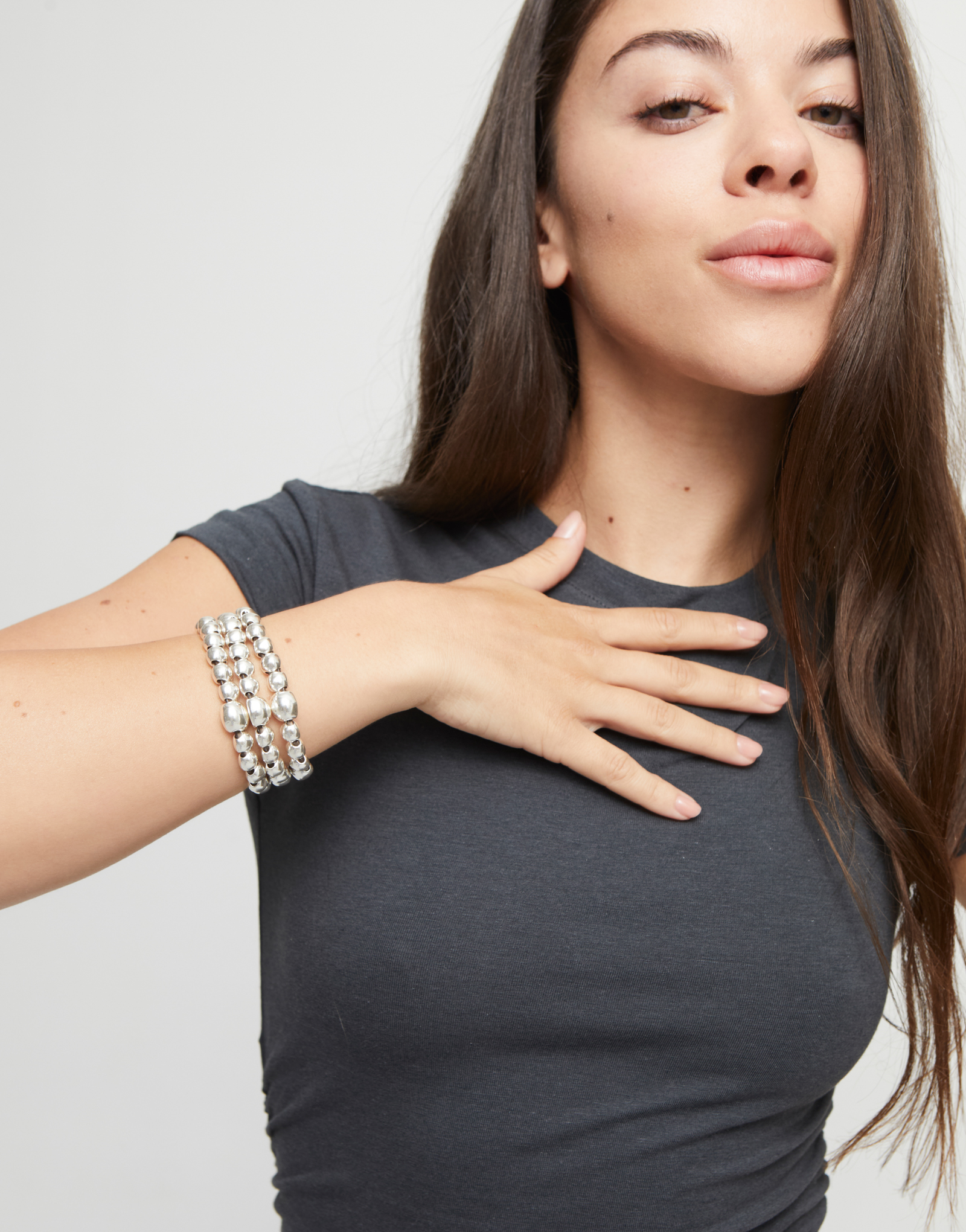 Three strand beaded leather bracelet, Silver, large thumbnail