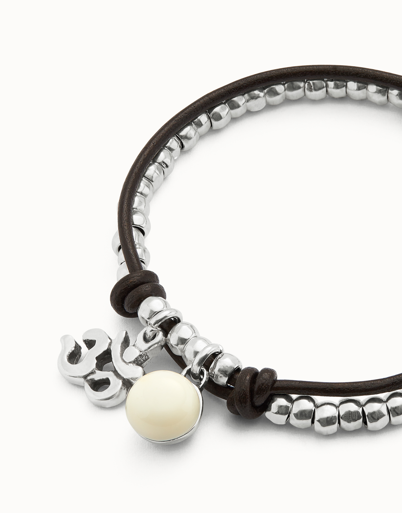 Bracciale placcato argento Sterling con cuoio e cristallo di Murano avorio, Argent, large thumbnail