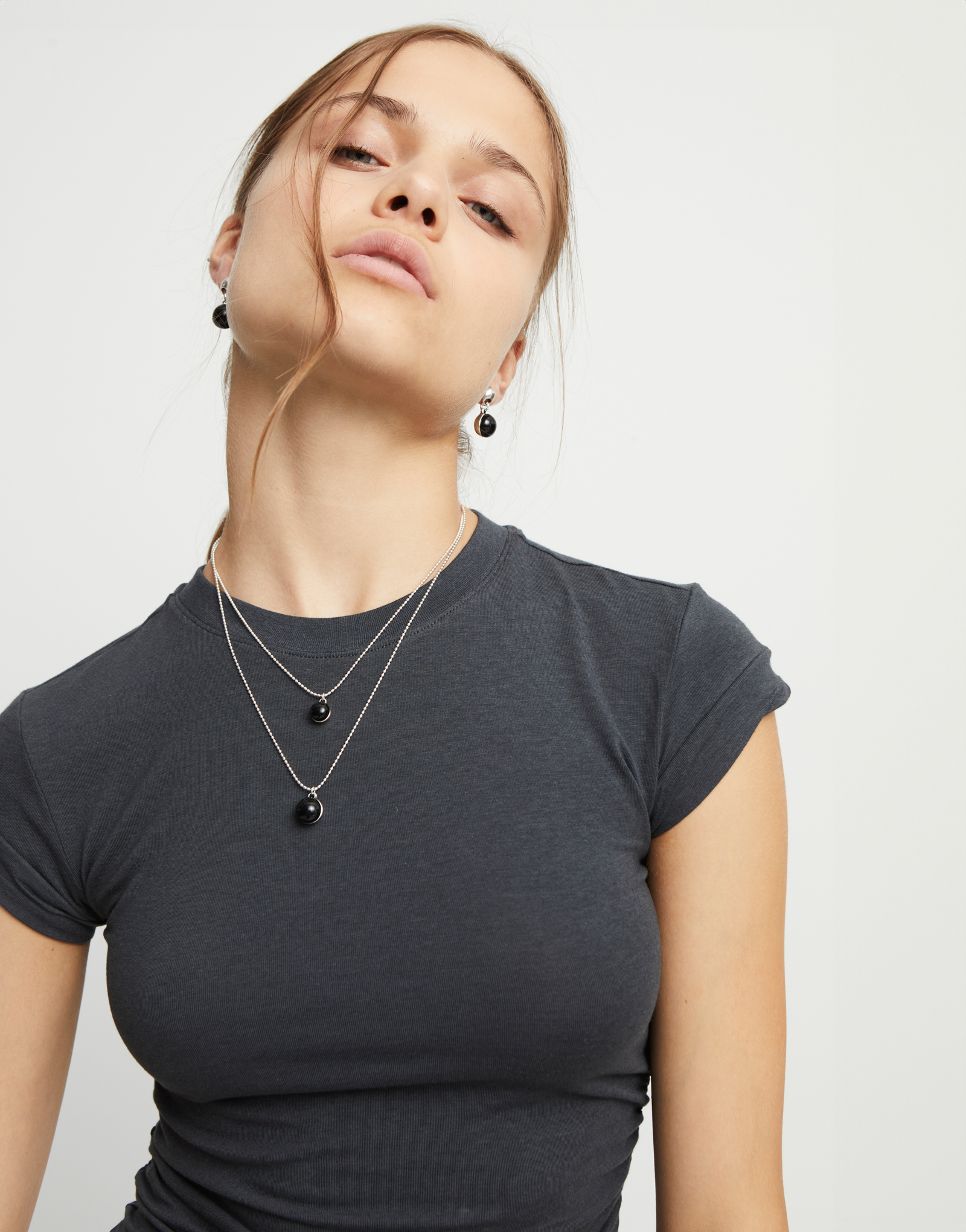 Multi-layer pendant link necklace with black murano glass, Silver, large thumbnail