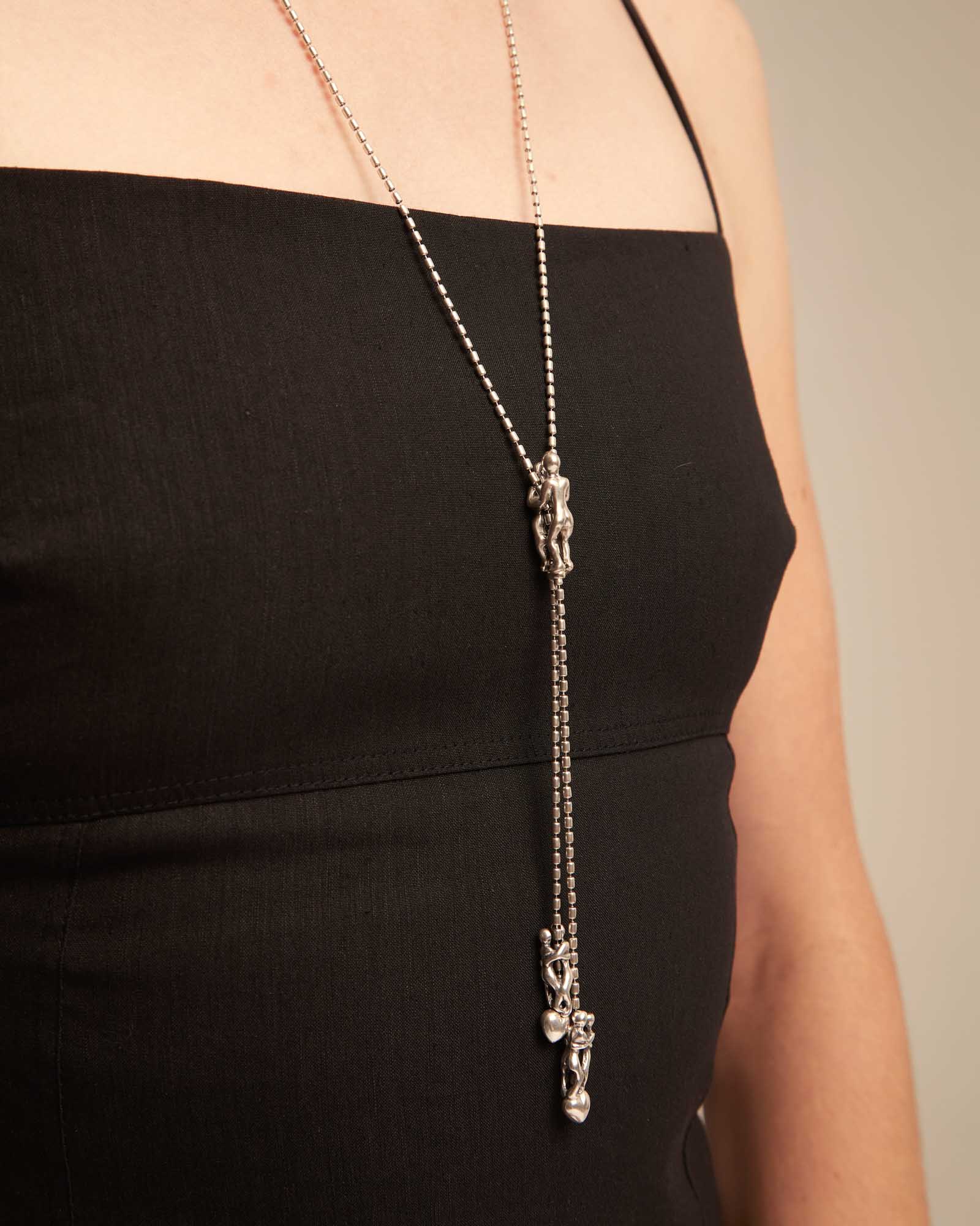 Long adjustable chain necklace with three figures, Silver, large thumbnail