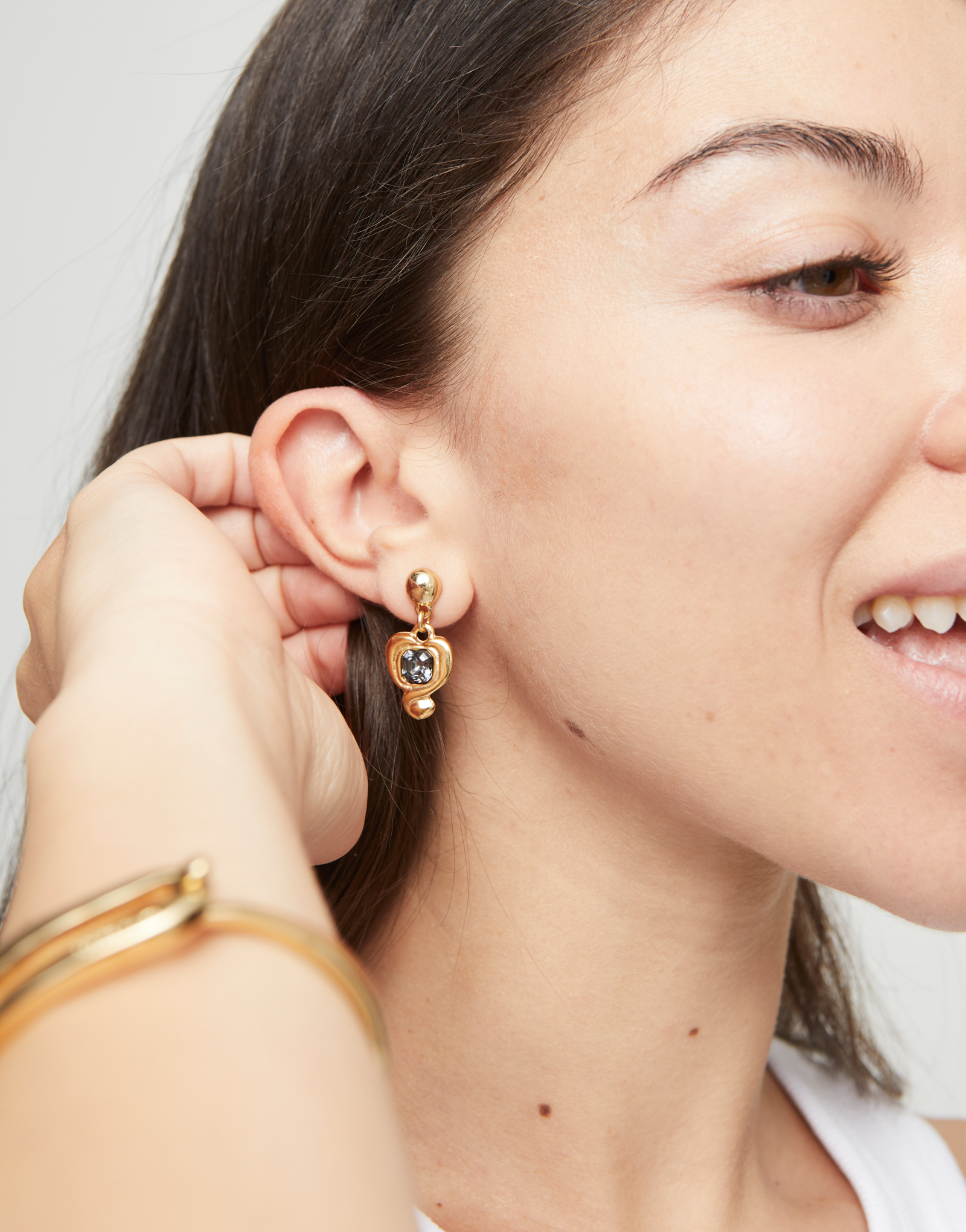 Drop earrings with a heart and black crystal, Golden, large thumbnail