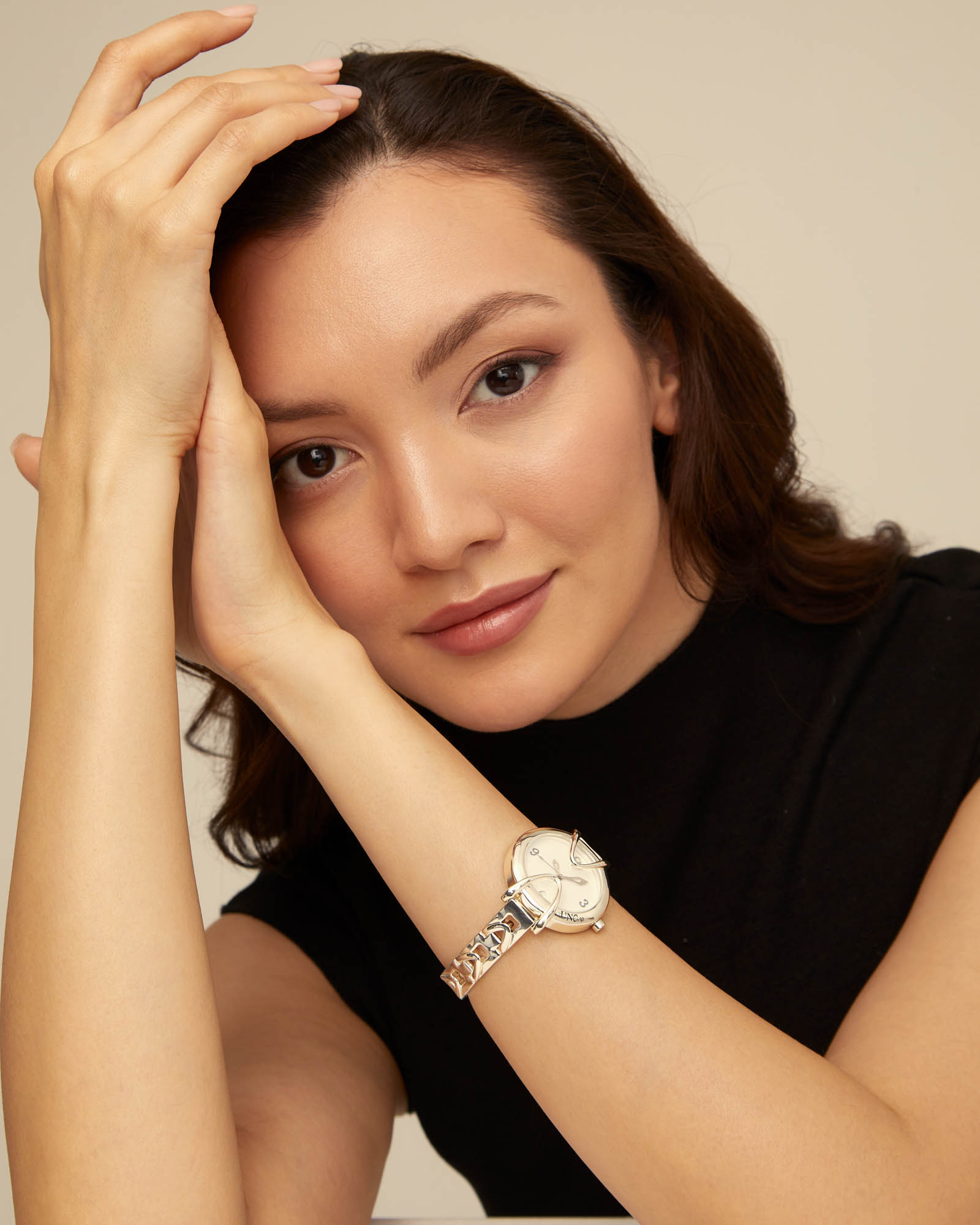 Sterling silver-plated watch with metal strap and round white dial, Silver, large thumbnail