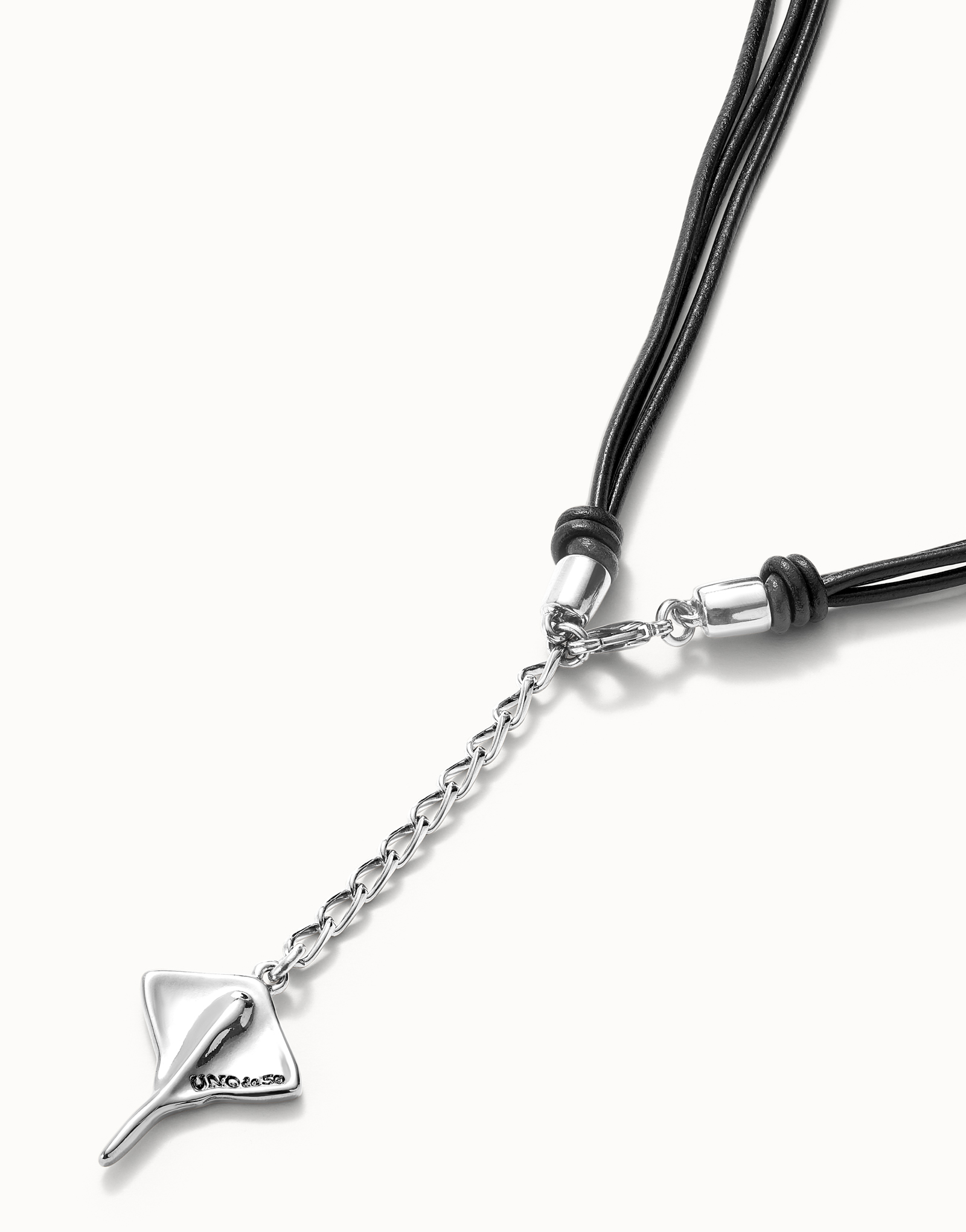 Long leather necklace pendant with manta ray, Silver, large thumbnail