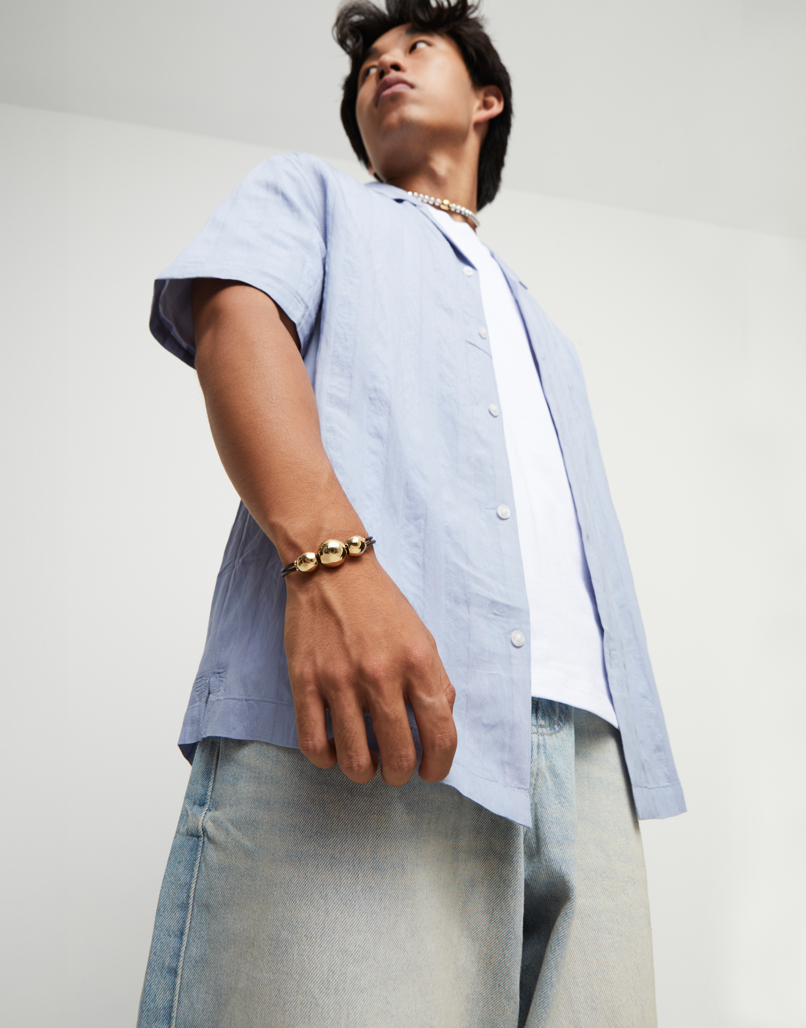 Leather bracelet with three large beads, Golden, large thumbnail