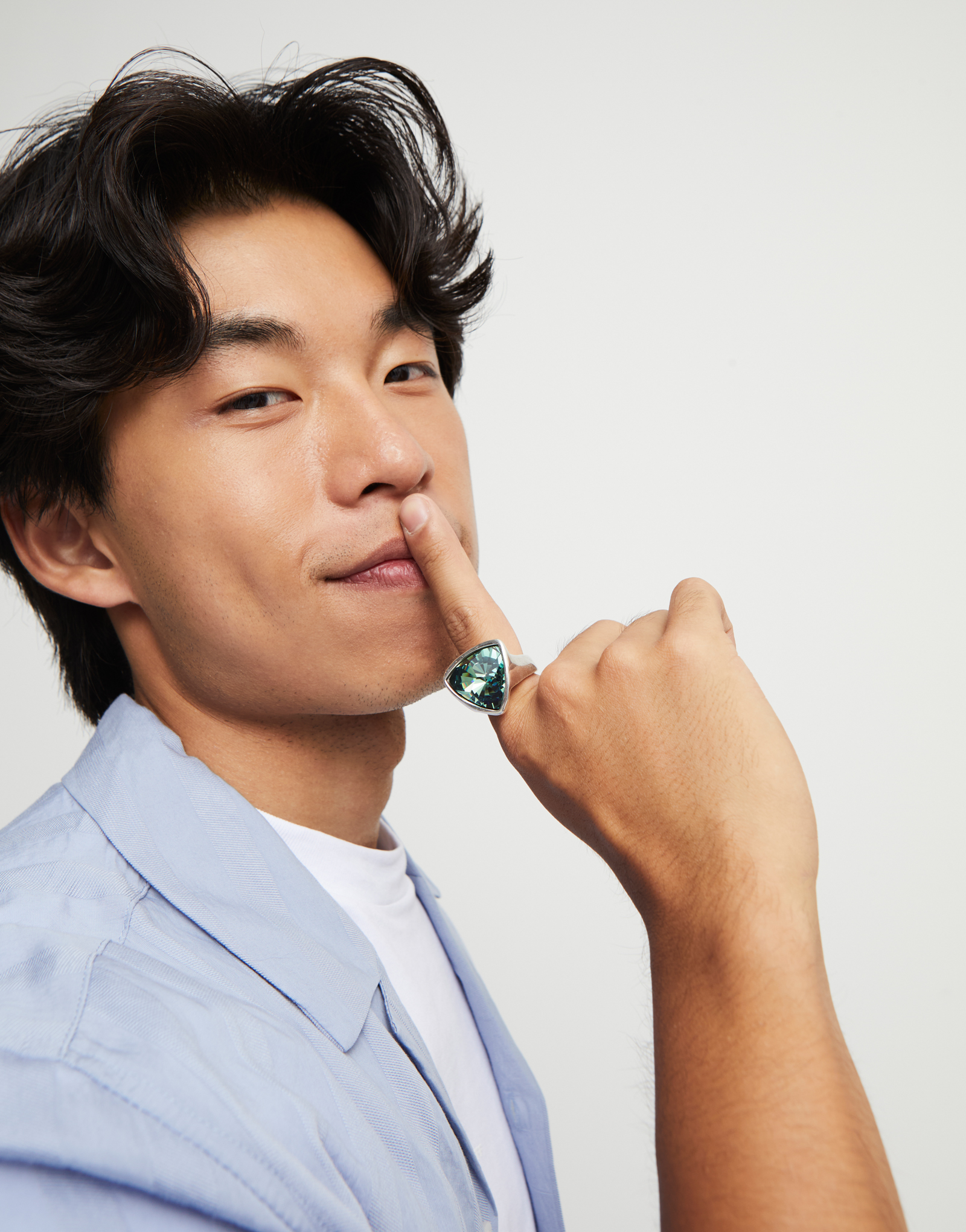 Large triangular ring with crystals, Silver, large thumbnail