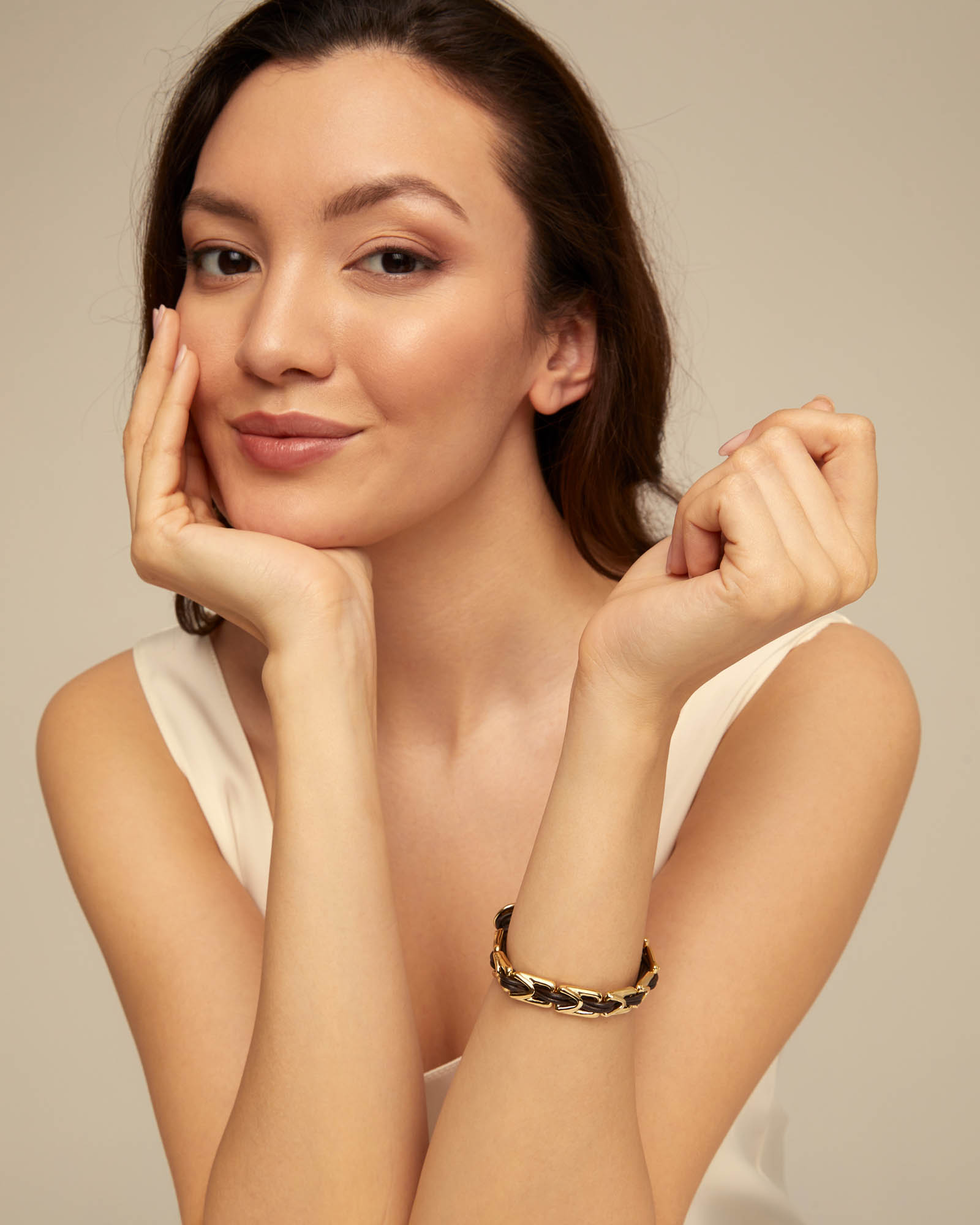 Leather bracelet with rectangular links, Golden, large thumbnail