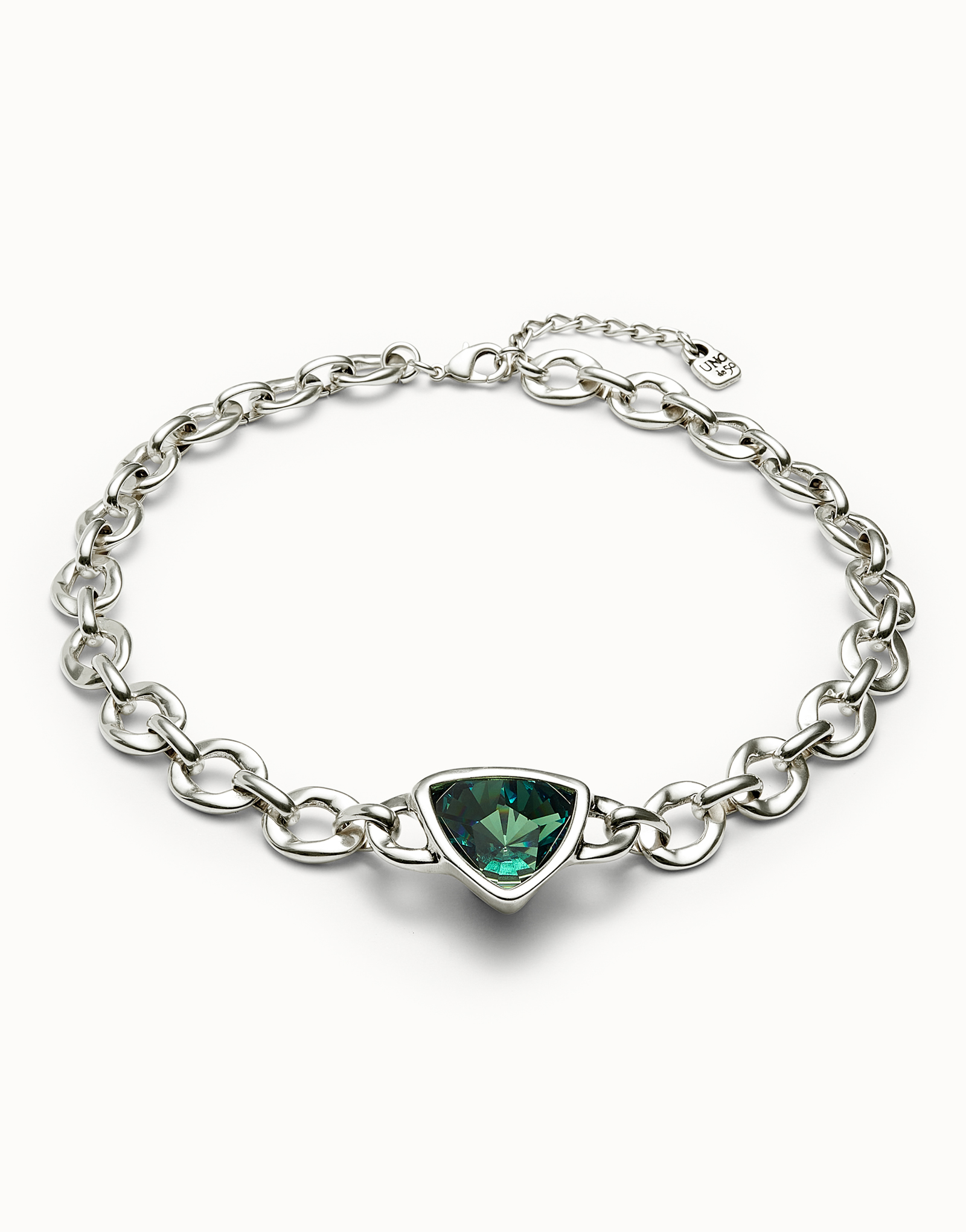 Link chain short necklace with a green crystal, Silver, large thumbnail