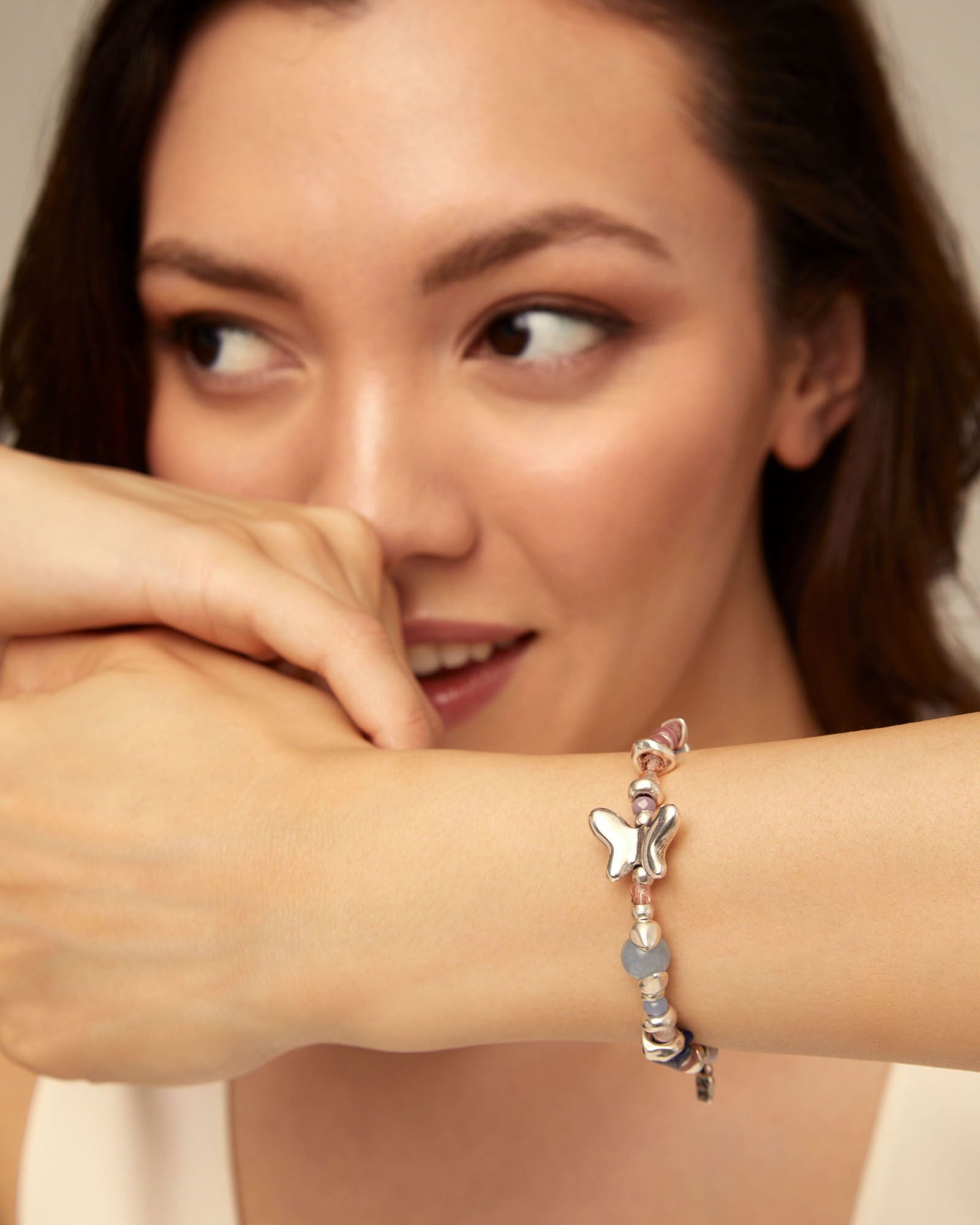 Beaded bracelet with multicolor handmade crystals, Silver, large thumbnail