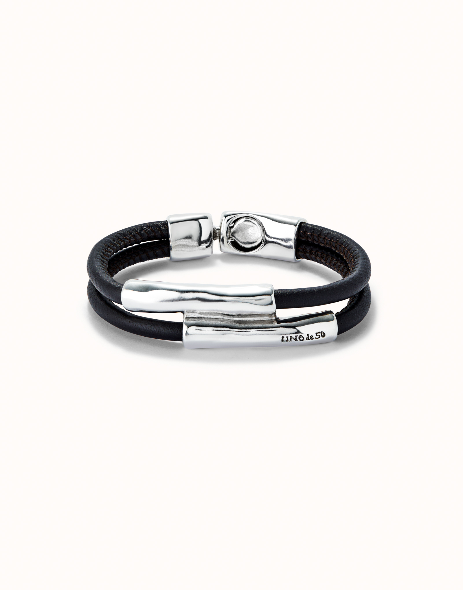Bracciale doppio cuoio marrone con due tubi placcata argento sterling, Argent, large thumbnail